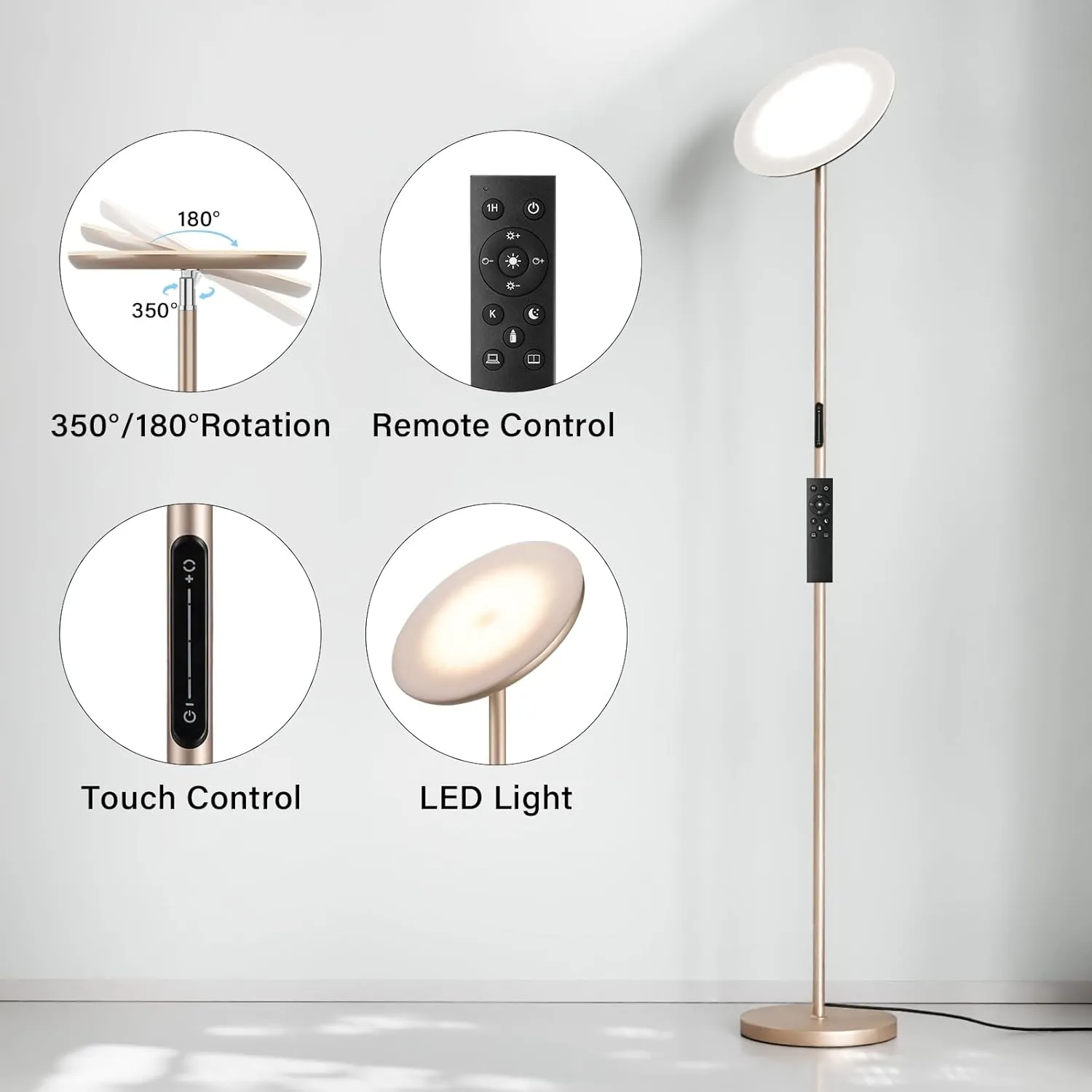 LED Floor Lamp with Remote, 36W/3000-5000K,Touch Control, Fully Dimmable, Adjustable Brightness, 69 in, Sand Golden