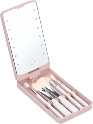 LED Makeup Mirror with Travel Size Makeup Brushes Set, Easy - Taken Mini Makeup Brush Set with Case and Mirror, Small Complete Function Cosmetic Brushes Kit (Pink,with Brush)