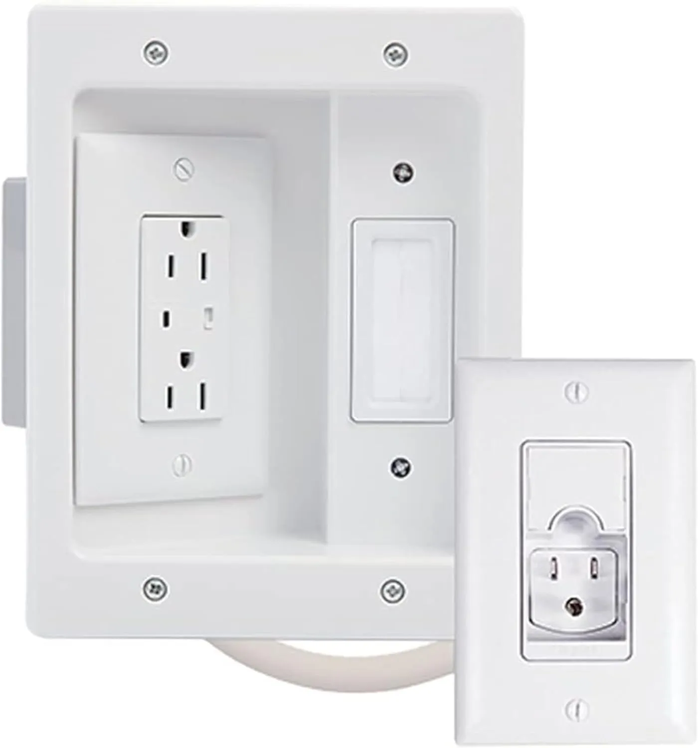 Legrand - OnQ In Wall TV Power Kit, TV Outlet Wall Kit Powers Multiple Devices, Cable Management Box Hides Cords, Recessed TV Outlet Works with All Plugs, 6FT Power Cable Cord, White, CPT306WV1