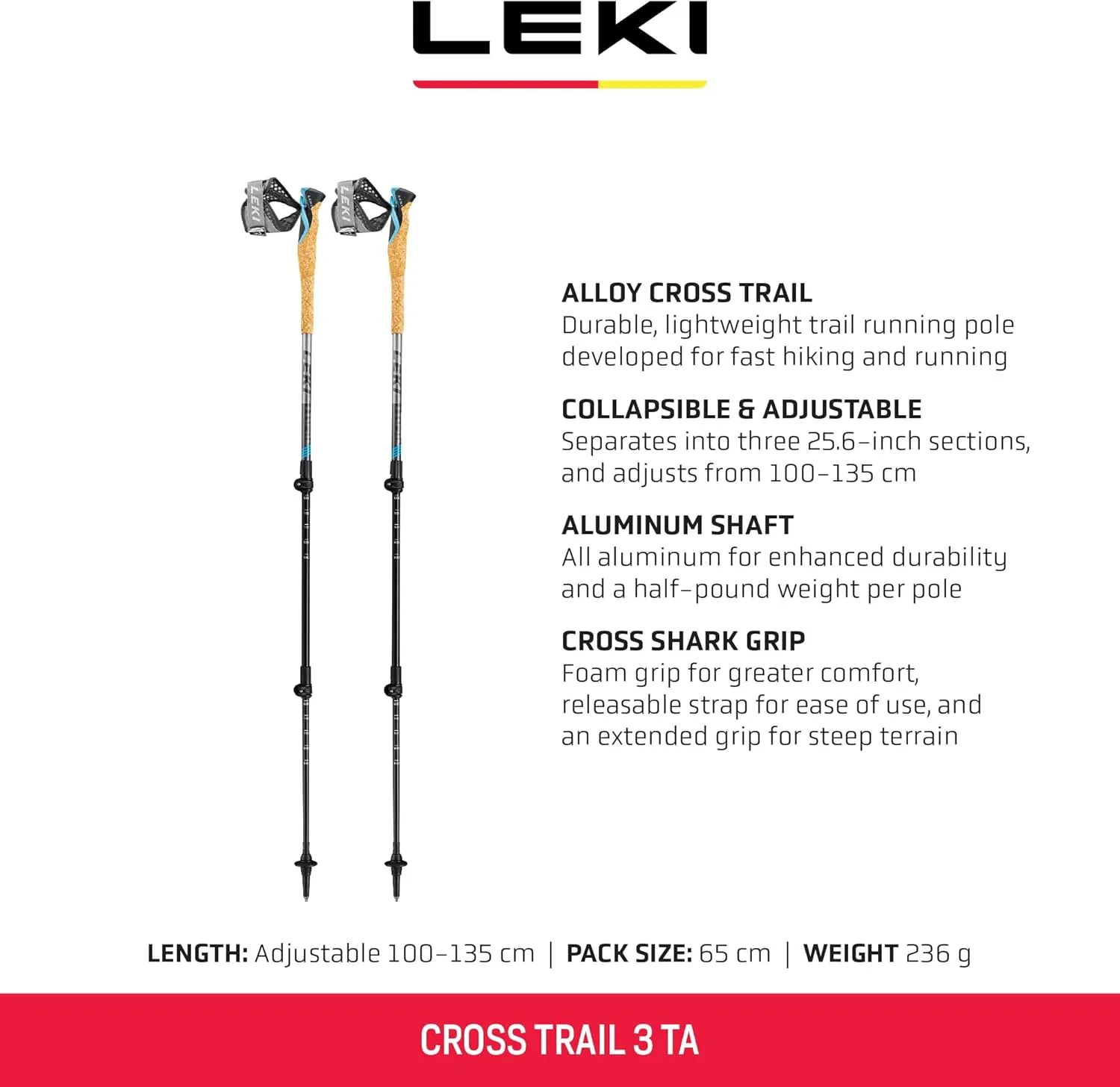 LEKI Cross Trail 3 TA Aluminum Adjustable Lightweight Walking Poles for Trekking & Hiking