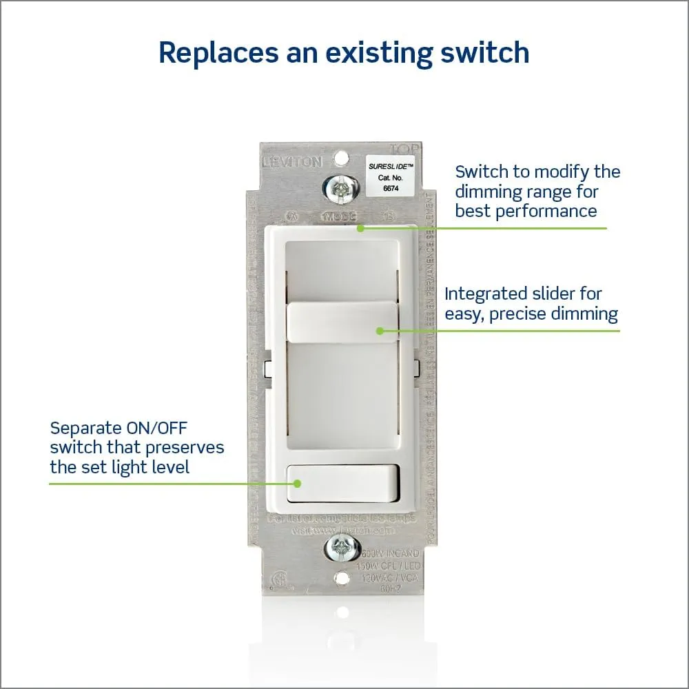 Leviton SureSlide Dimmer Switch for Dimmable LED, Halogen and Incandescent Bulbs, 6674-P0E, Black