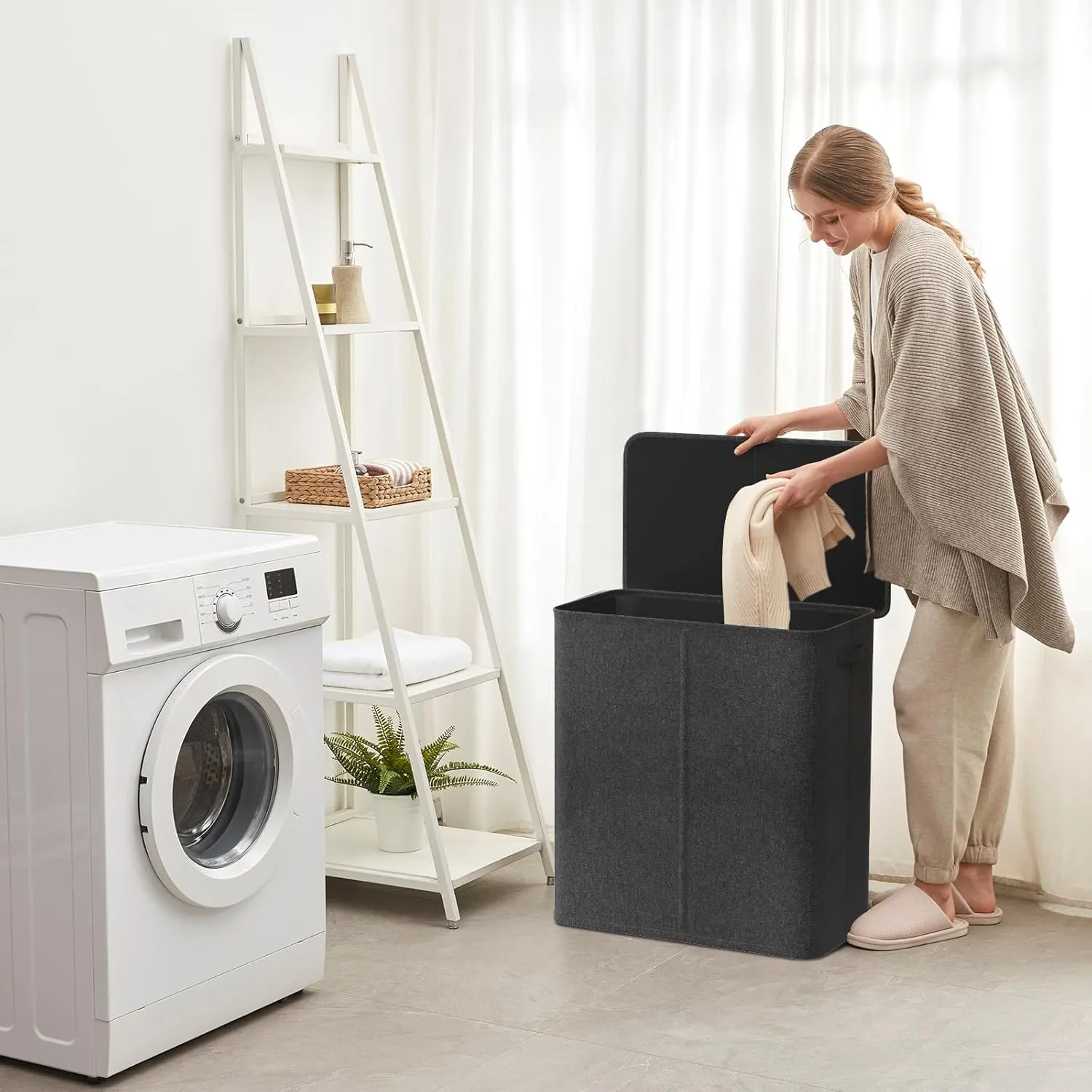 Lifewit Triple Laundry Hamper with Lid and Removable Laundry Bags, Large Collapsible 3 Dividers Dirty Clothes Basket with Handles for Bedroom, Laundry Room, Closet, Bathroom, College, 160L Dark Gray