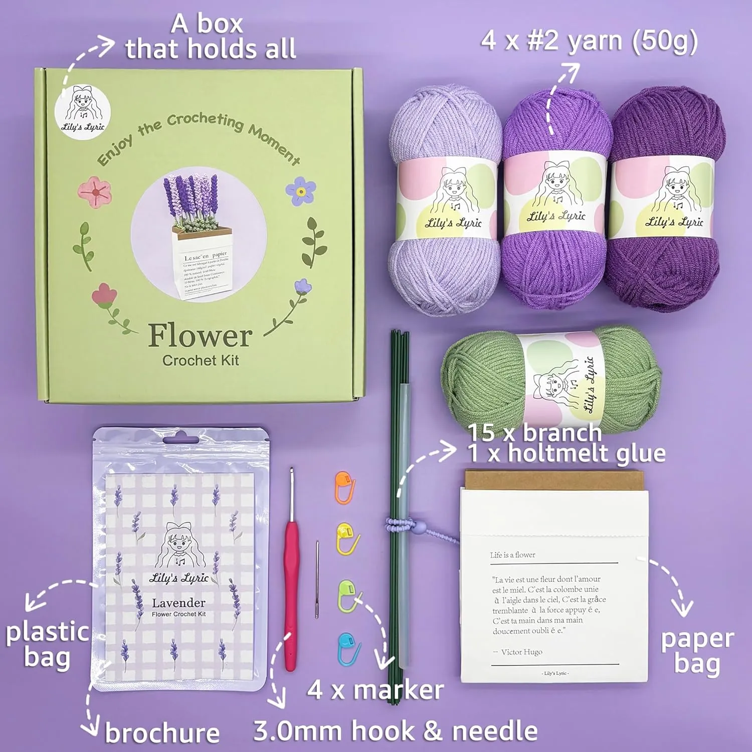 Lily's Lyric Flower Crochet Kit | Lavender Flower with Paper Bag| Step-by-Step Video Tutorial for Adults Teenagers | Craft Gift Idea DIY Home Decoration Purple