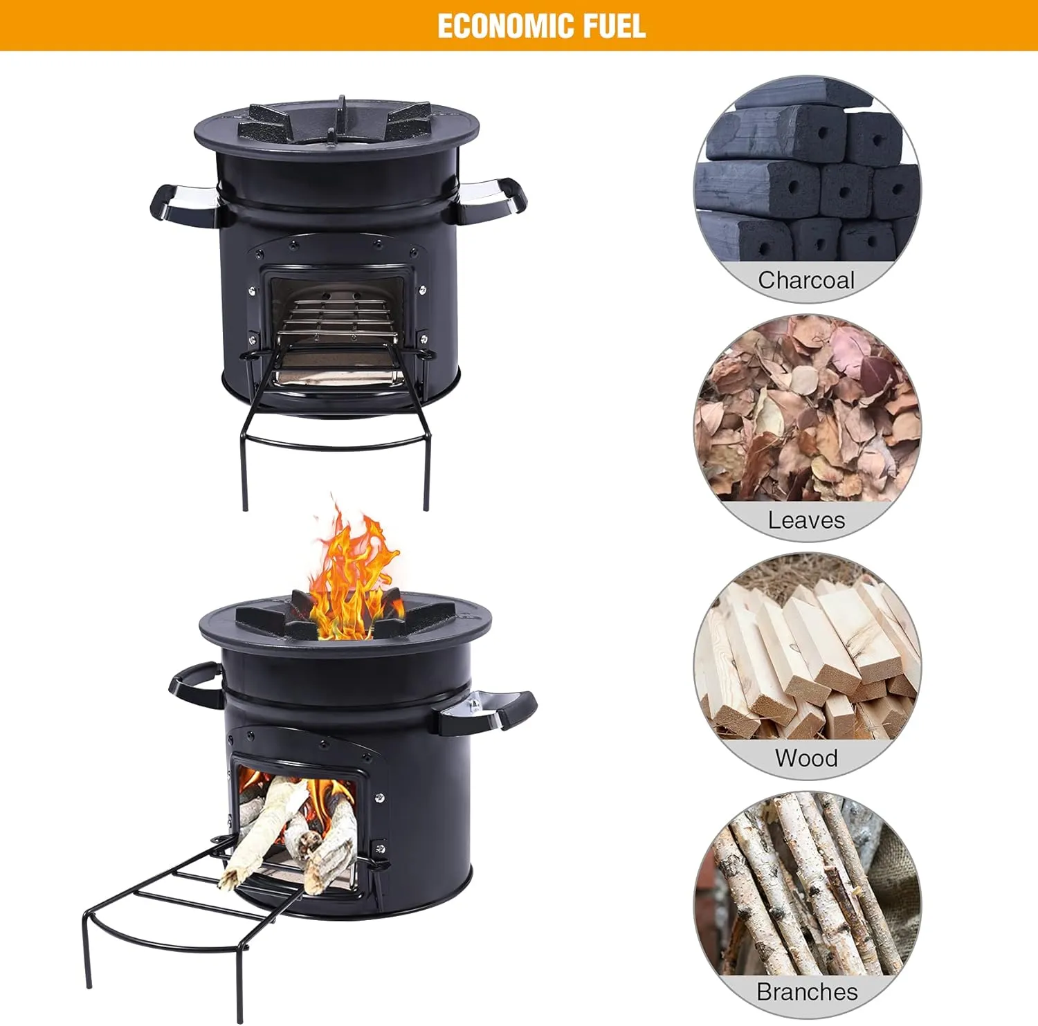 Lineslife Camping Rocket Stove Wood Burning Portable for Cooking, Outdoor Camping Wood Stove with Carrying Bag for Backpacking Emergency RV Survival, Versatility of Fuel, Black Round Single Door