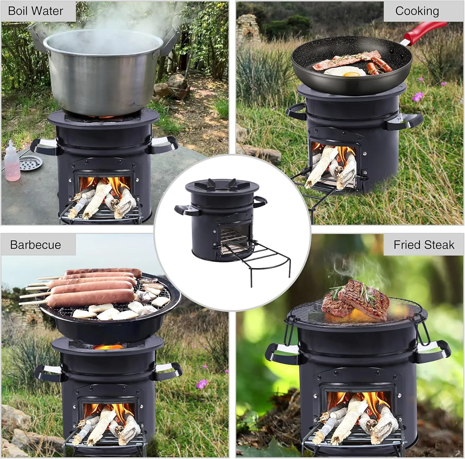 Lineslife Camping Rocket Stove Wood Burning Portable for Cooking, Outdoor Camping Wood Stove with Carrying Bag for Backpacking Emergency RV Survival, Versatility of Fuel, Black Round Single Door