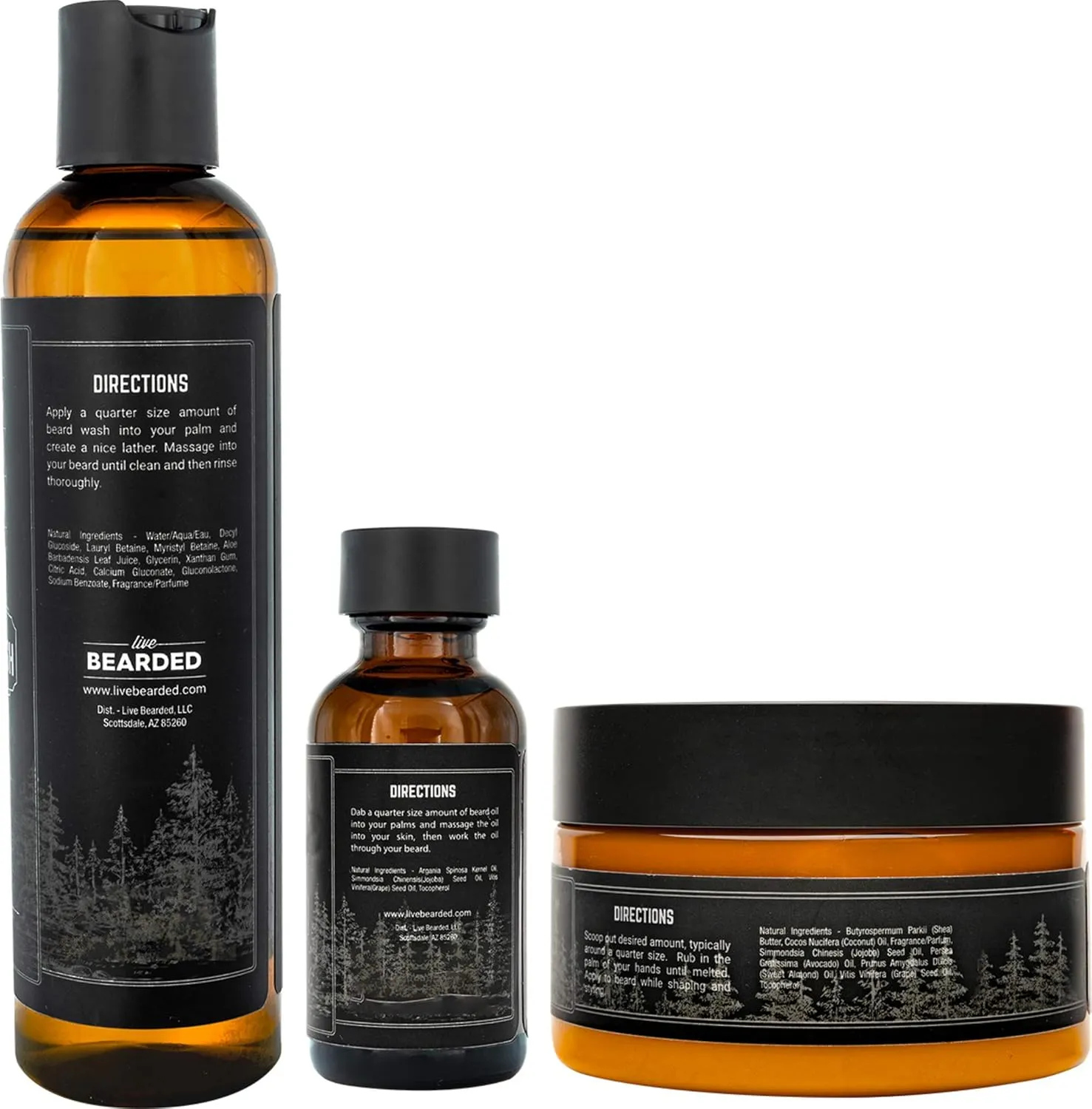 Live Bearded 3-Step Beard Grooming Kit - Wash, Oil and Butter - Made in the USA - All-Natural Ingredients with Shea, Jojoba - Growth Support | American Scent - Cedar, Vetiver, Bergamont
