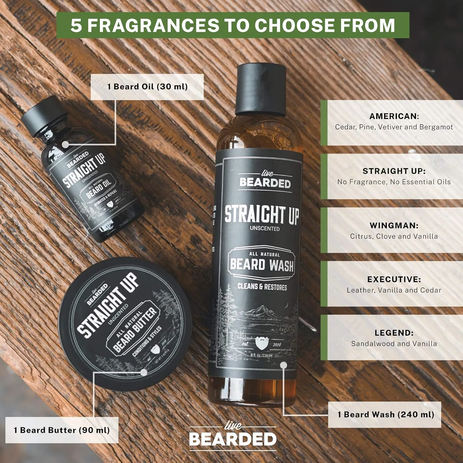 Live Bearded 3-Step Beard Grooming Kit - Wash, Oil and Butter - Made in the USA - All-Natural Ingredients with Shea, Jojoba - Growth Support | American Scent - Cedar, Vetiver, Bergamont