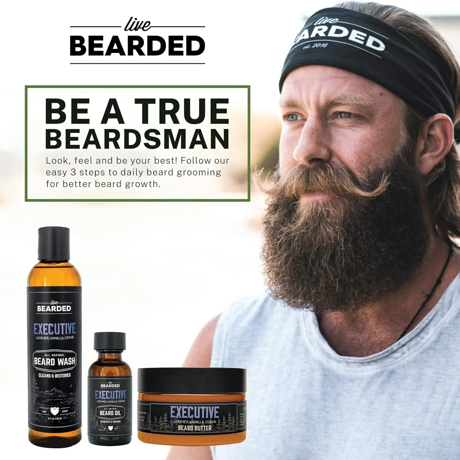 Live Bearded 3-Step Beard Grooming Kit - Wash, Oil and Butter - Made in the USA - All-Natural Ingredients with Shea, Jojoba - Growth Support | American Scent - Cedar, Vetiver, Bergamont