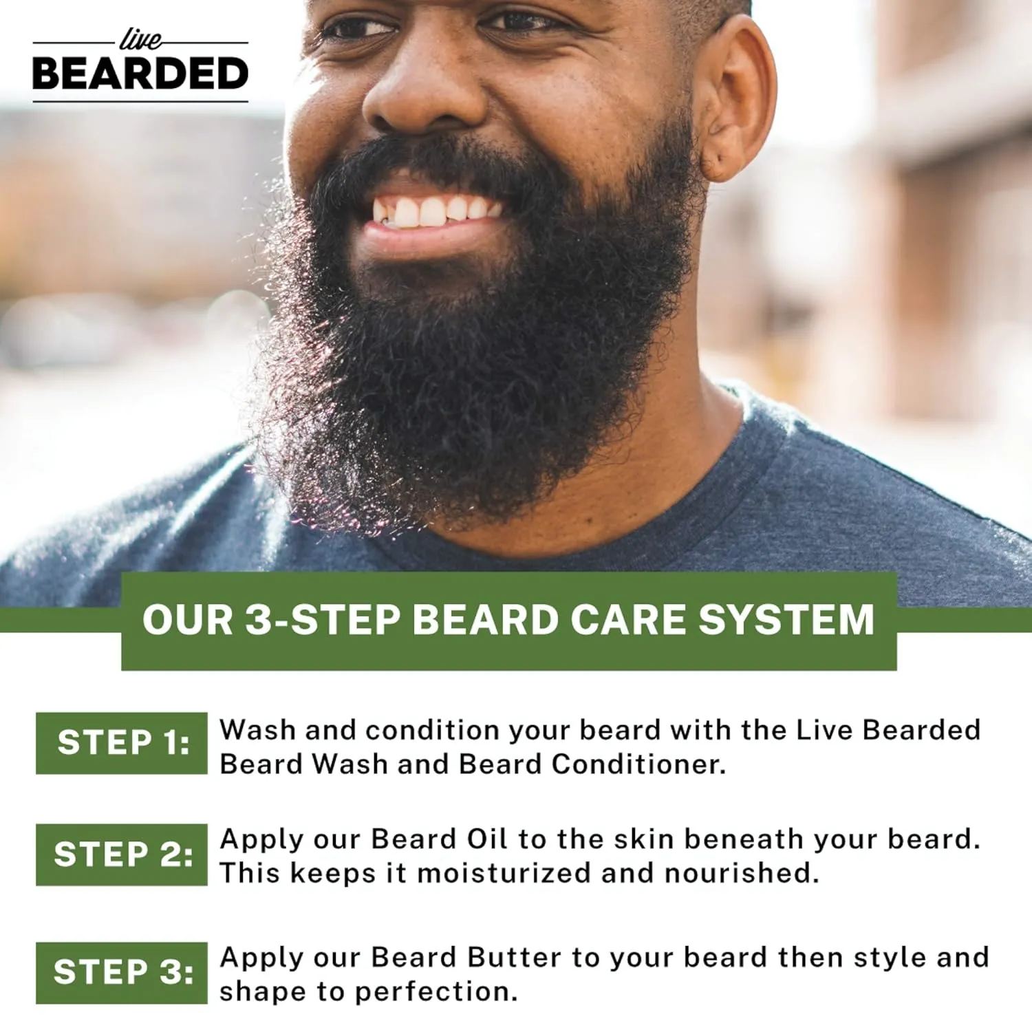 Live Bearded 3-Step Beard Grooming Kit - Wash, Oil and Butter - Made in the USA - All-Natural Ingredients with Shea, Jojoba - Growth Support | American Scent - Cedar, Vetiver, Bergamont