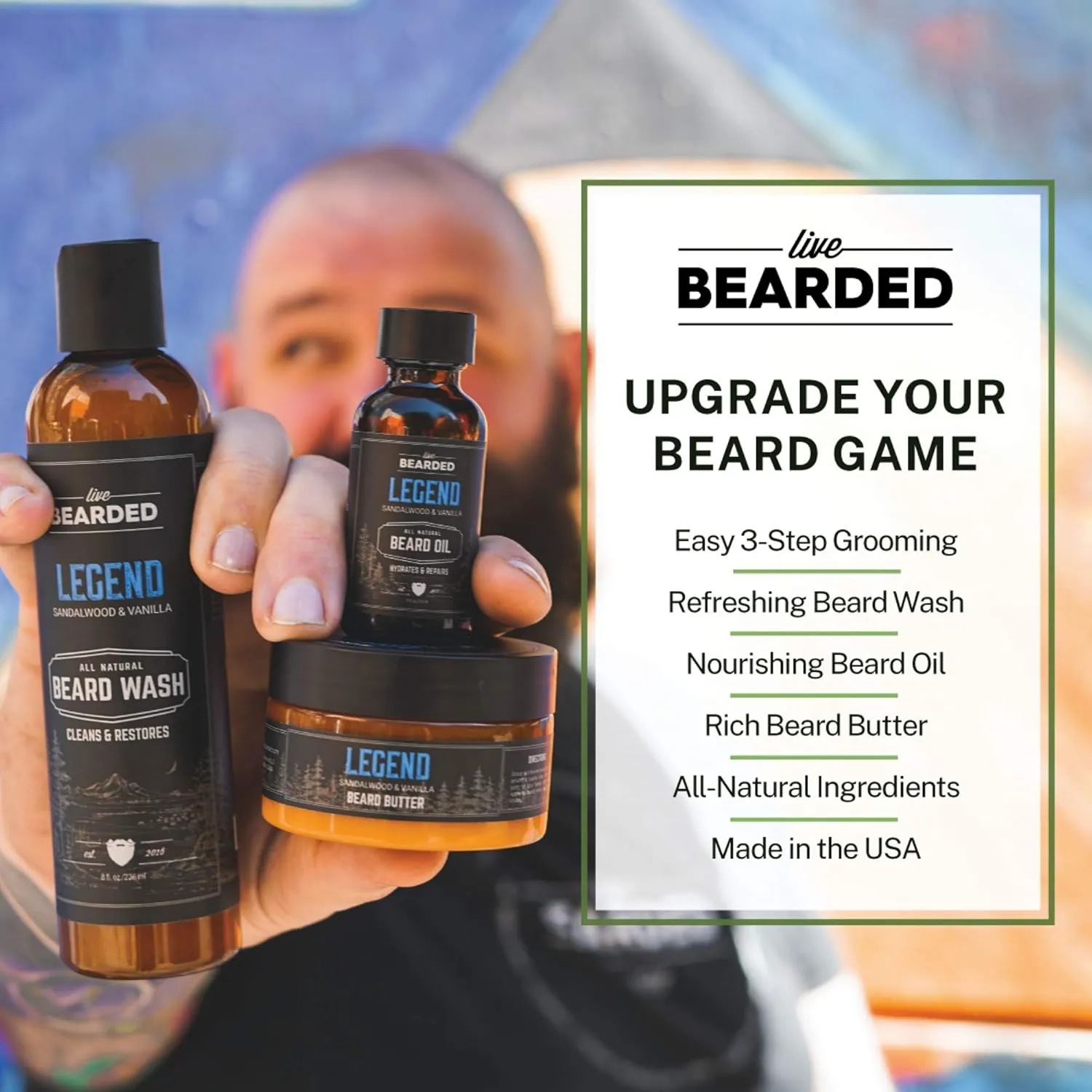 Live Bearded 3-Step Beard Grooming Kit - Wash, Oil and Butter - Made in the USA - All-Natural Ingredients with Shea, Jojoba - Growth Support | American Scent - Cedar, Vetiver, Bergamont