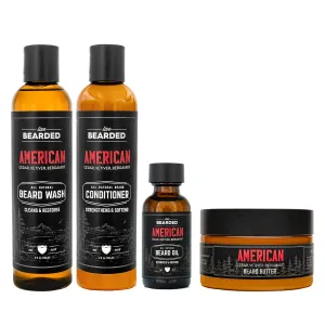 Live Bearded Complete Beard Grooming Kit - Wash, Conditioner, Butter and Oil - Made in the USA with All-Natural Ingredients - Mens Groom Set | American Scent - Cedar, Vetiver, Bergamont