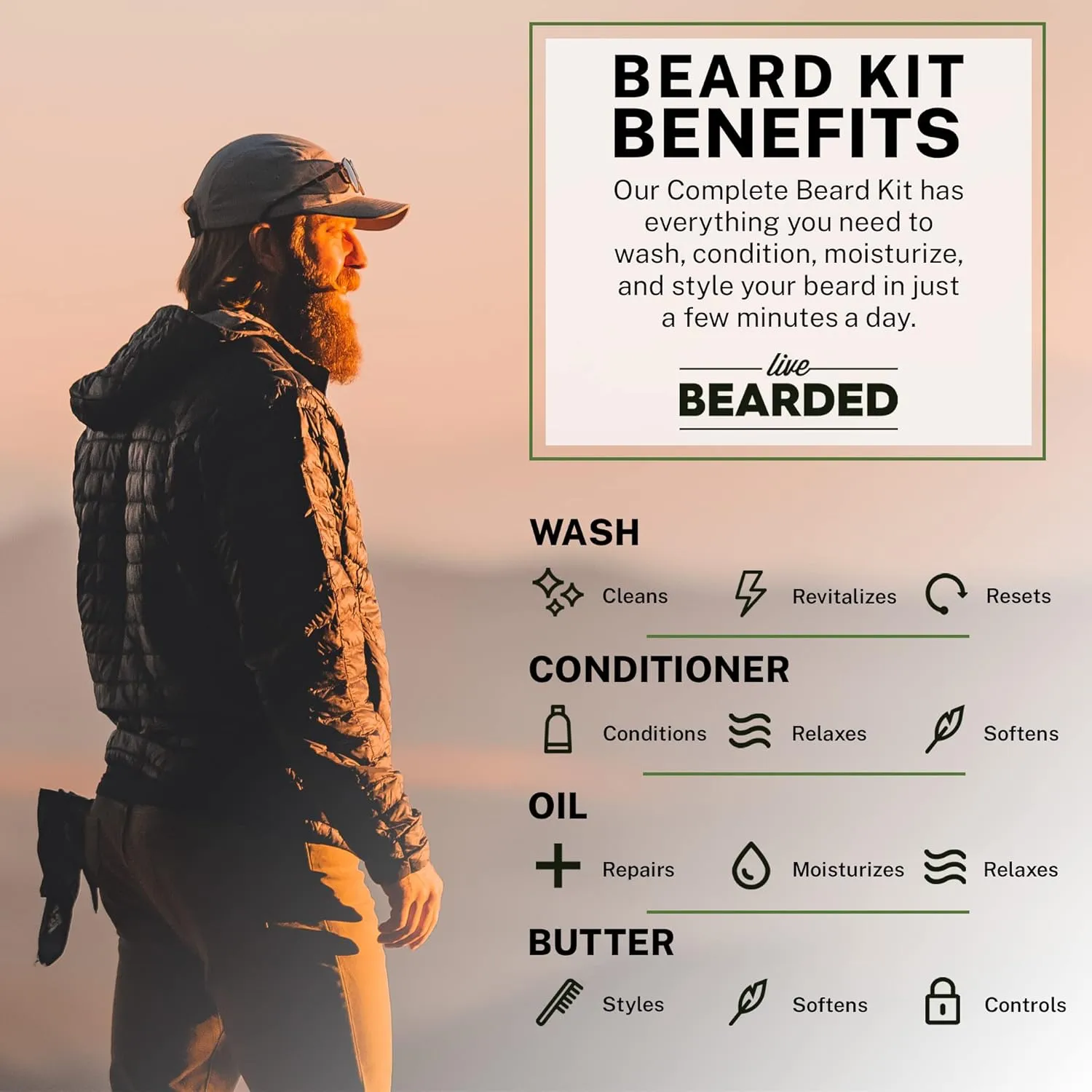 Live Bearded Complete Beard Grooming Kit - Wash, Conditioner, Butter and Oil - Made in the USA with All-Natural Ingredients - Mens Groom Set | American Scent - Cedar, Vetiver, Bergamont