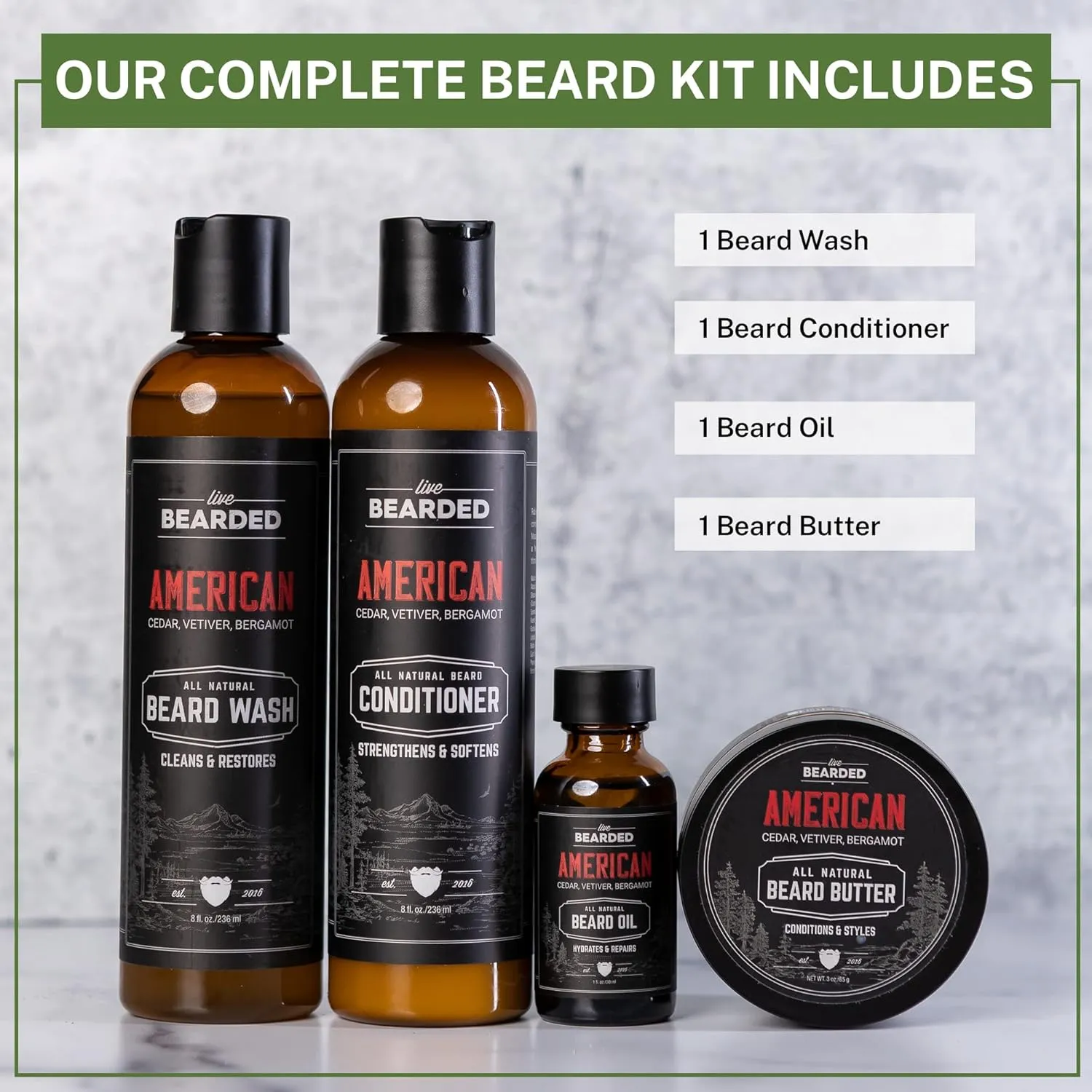 Live Bearded Complete Beard Grooming Kit - Wash, Conditioner, Butter and Oil - Made in the USA with All-Natural Ingredients - Mens Groom Set | American Scent - Cedar, Vetiver, Bergamont