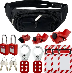 Lockout Tagout Kit - Clamp-On Circuit Breaker, Group Hasps, Tag, Universal Multi-Pole Breaker With Pocket Bag (Black Kit)