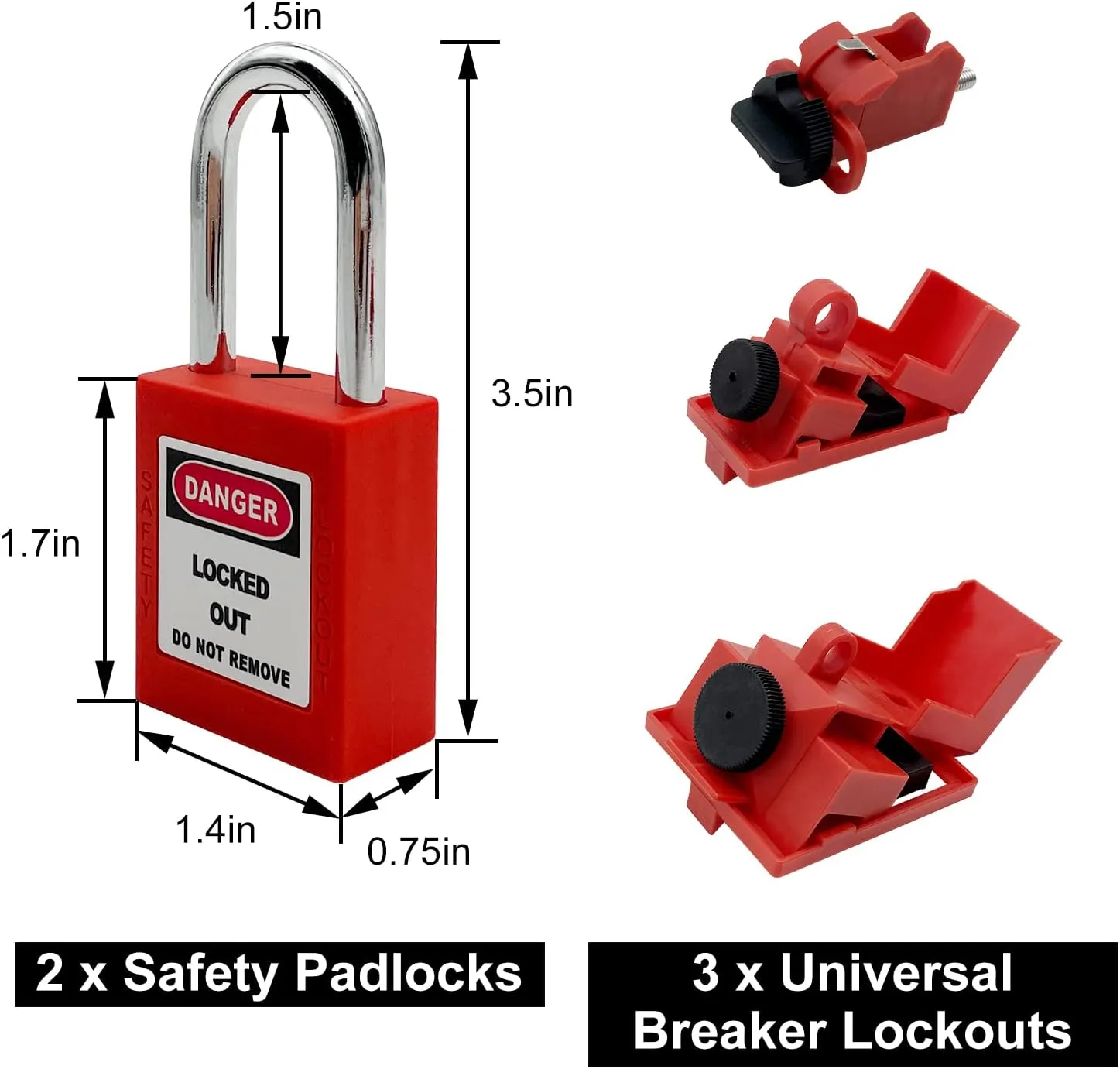 Lockout Tagout Kit - Clamp-On Circuit Breaker, Group Hasps, Tag, Universal Multi-Pole Breaker With Pocket Bag (Black Kit)