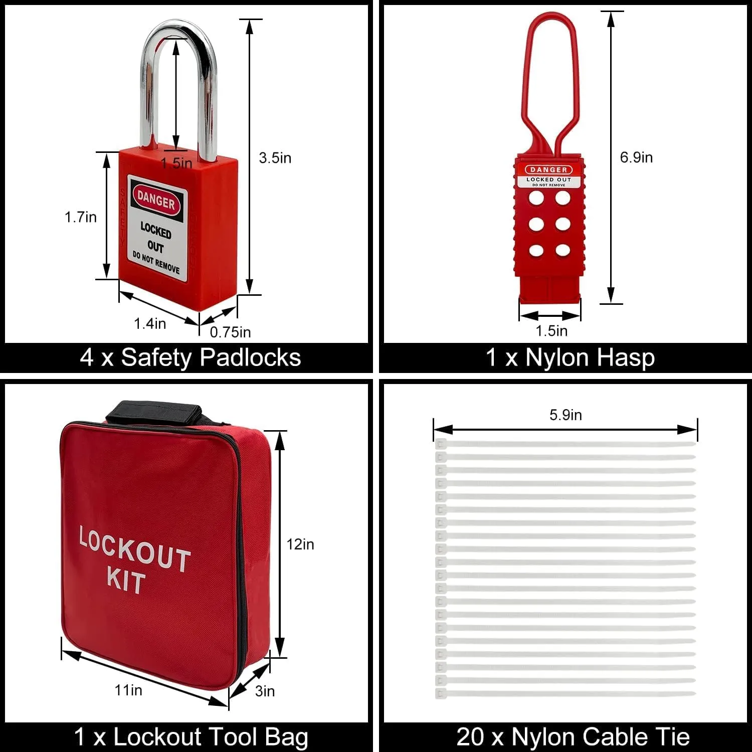 Lockout Tagout Kit Electrical Loto - Clamp-On Circuit Breaker Lockout, Group Lockout Hasps, Lockout Tag, Universal Multi- Pole Breaker with Pocket Bag (Bigger Red Kit)
