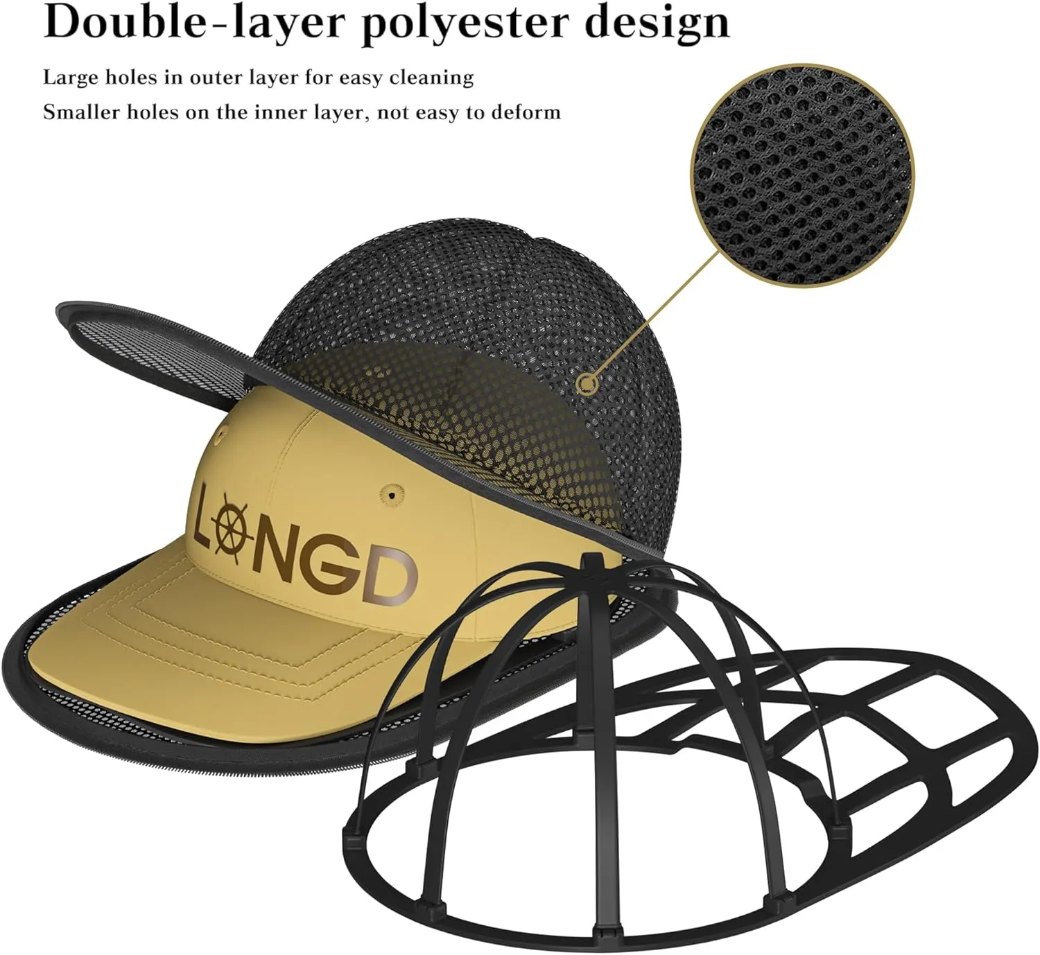 LONGD Hat Washer Cage with Snap Lock - Machine/Dryer Safe Compact Hat Cleaner for Baseball Caps & Storage