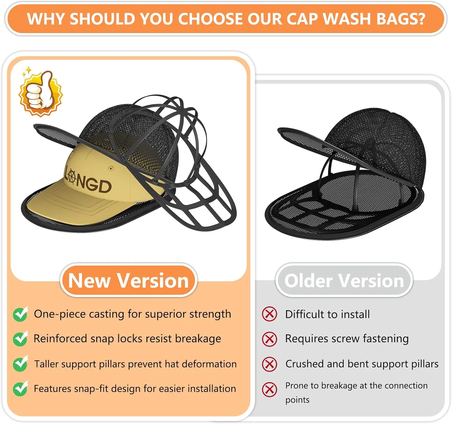 LONGD Hat Washer Cage with Snap Lock - Machine/Dryer Safe Compact Hat Cleaner for Baseball Caps & Storage