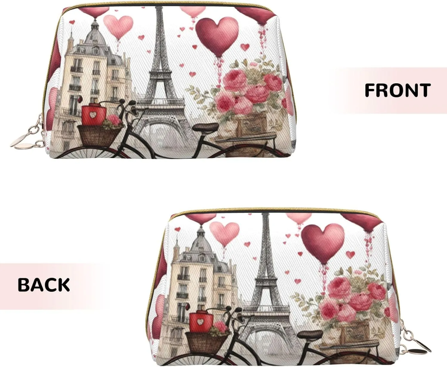 Love Paris Tower Coffee Wine Perfume Bicycle Heart Toiletry Pouch, Travel-Friendly Makeup Organizer For Makeup Brushes, Lipsticks