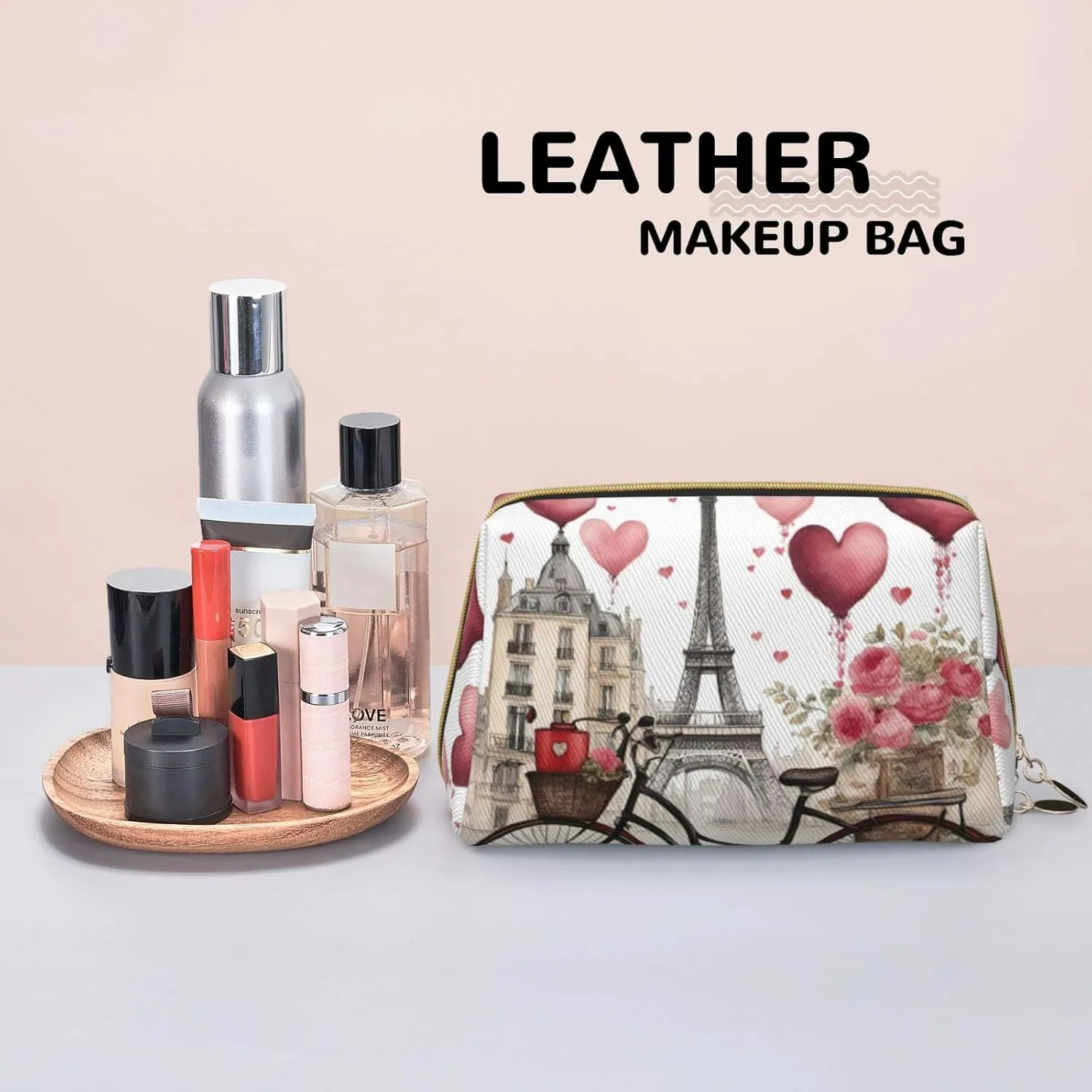 Love Paris Tower Coffee Wine Perfume Bicycle Heart Toiletry Pouch, Travel-Friendly Makeup Organizer For Makeup Brushes, Lipsticks