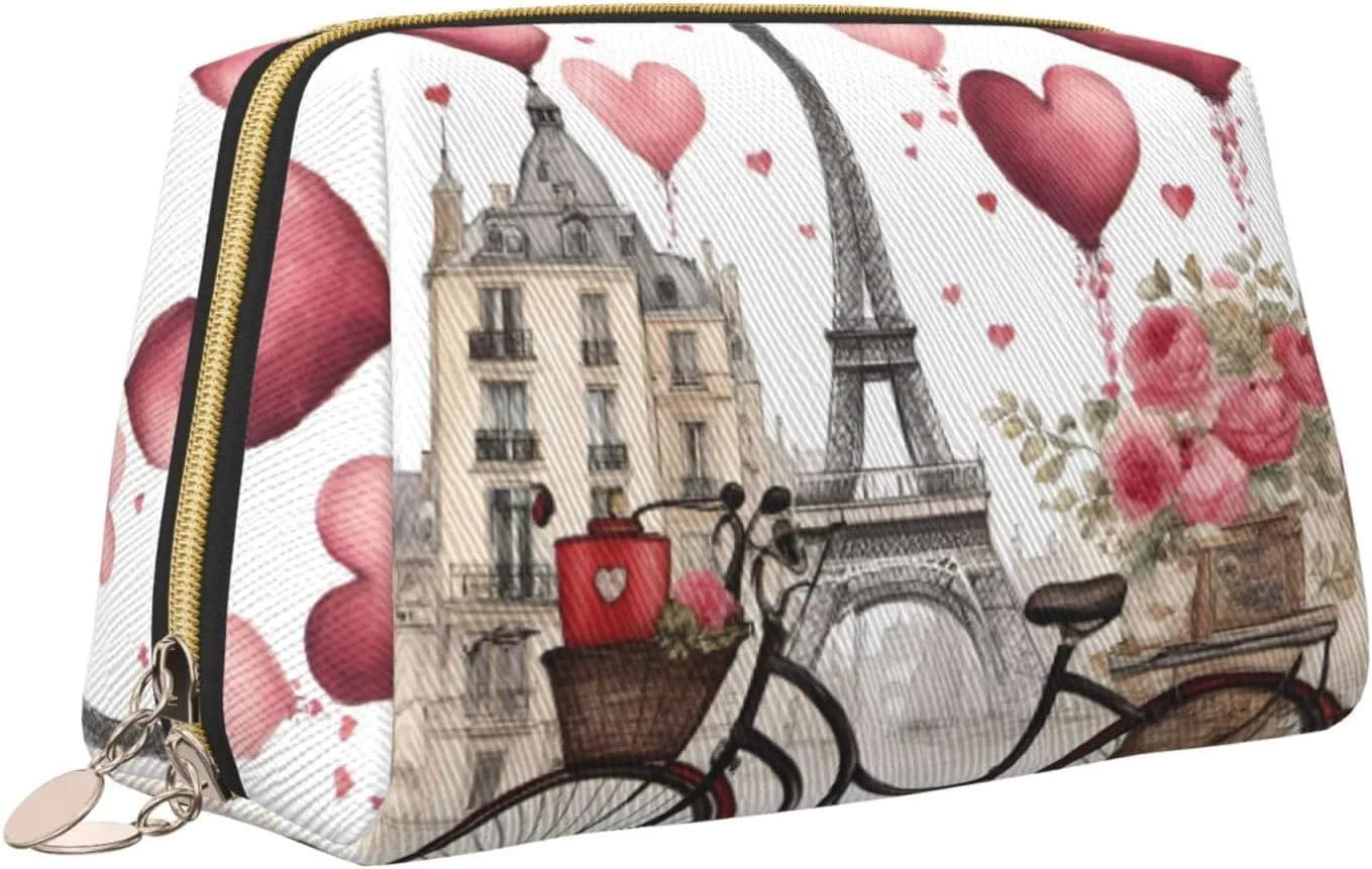 Love Paris Tower Coffee Wine Perfume Bicycle Heart Toiletry Pouch, Travel-Friendly Makeup Organizer For Makeup Brushes, Lipsticks