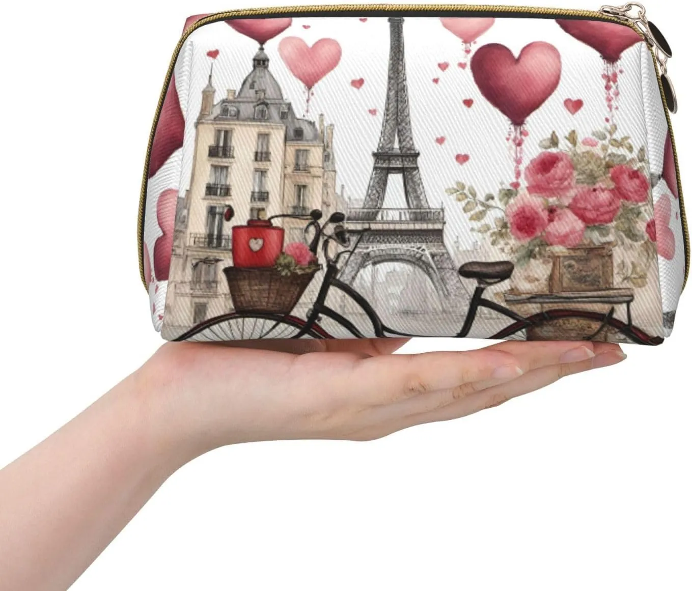 Love Paris Tower Coffee Wine Perfume Bicycle Heart Toiletry Pouch, Travel-Friendly Makeup Organizer For Makeup Brushes, Lipsticks