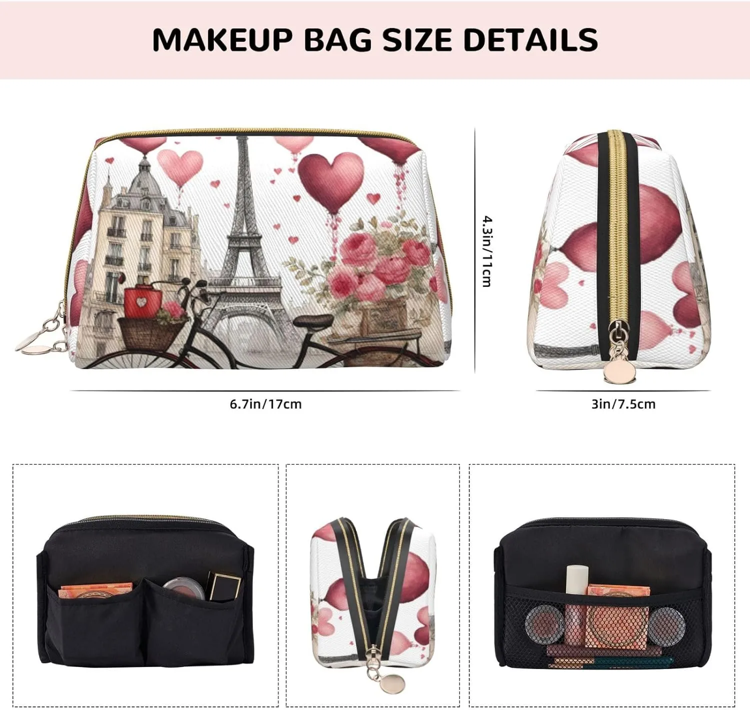 Love Paris Tower Coffee Wine Perfume Bicycle Heart Toiletry Pouch, Travel-Friendly Makeup Organizer For Makeup Brushes, Lipsticks