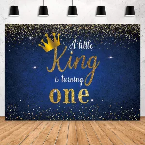MEHOFOND 7x5ft King Boy 1st Birthday Decoration Backdrop Gold Crown Glitter Star A Little King is Turning 1 Blue Photography Background Banner of Cake Table Studio Photo Props