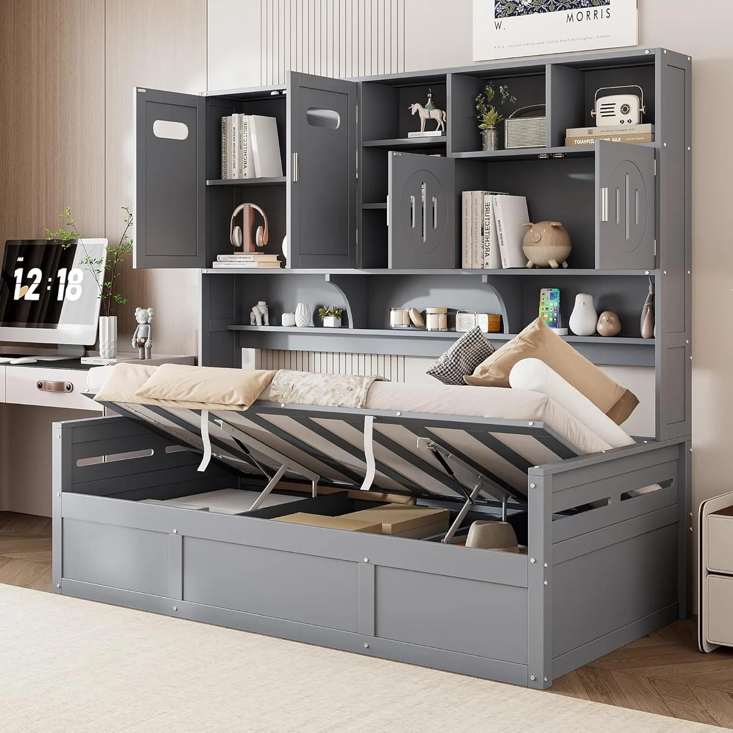 Merax Twin Size Daybed, Wooden Twin Daybed with Hydraulic Bed and All-in-One Cabinet and Shelf, Gray