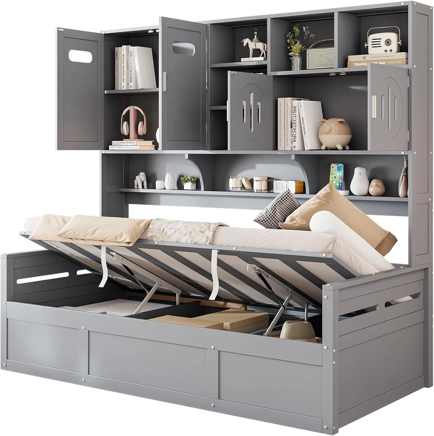 Merax Twin Size Daybed, Wooden Twin Daybed with Hydraulic Bed and All-in-One Cabinet and Shelf, Gray