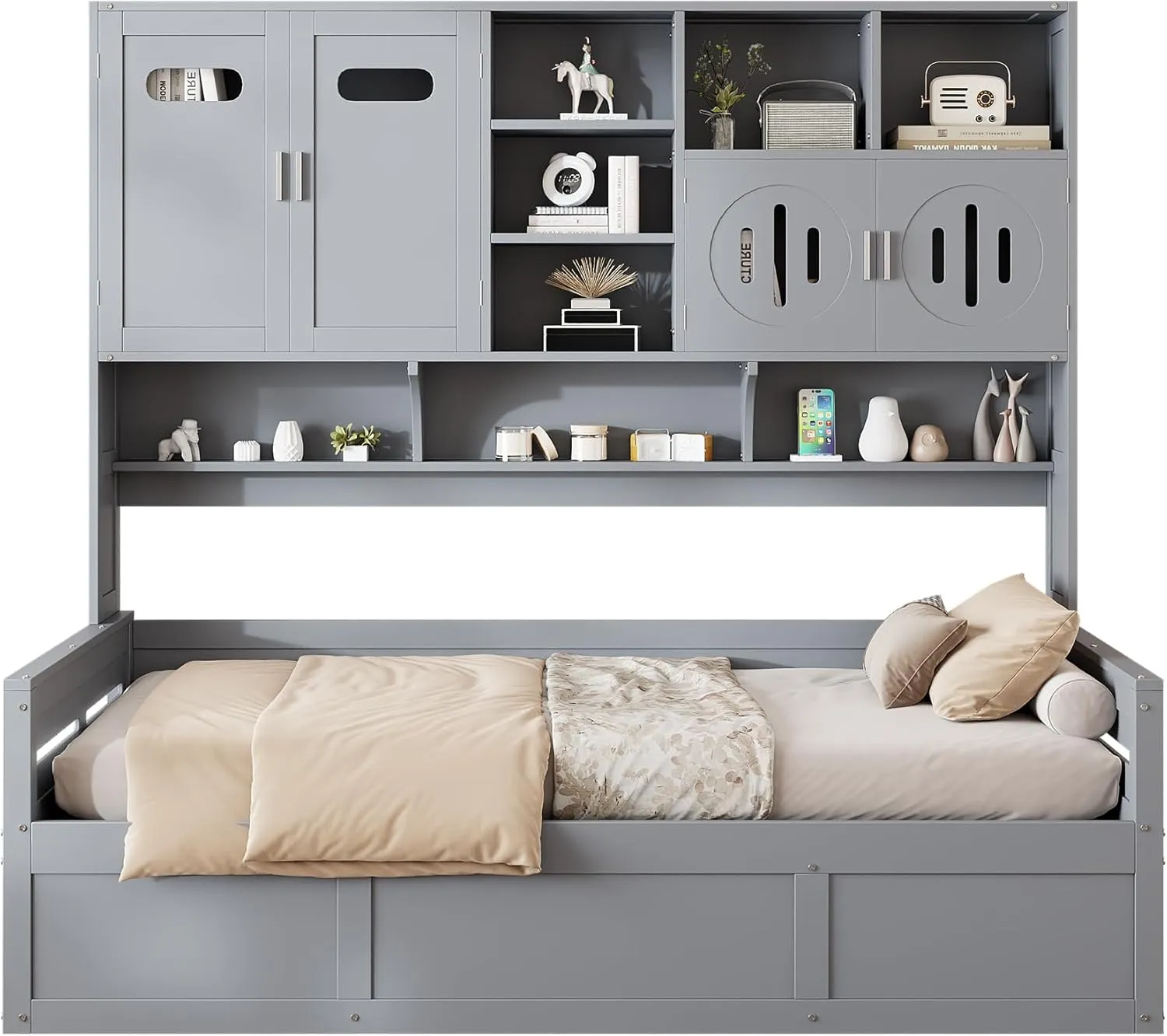 Merax Twin Size Daybed, Wooden Twin Daybed with Hydraulic Bed and All-in-One Cabinet and Shelf, Gray