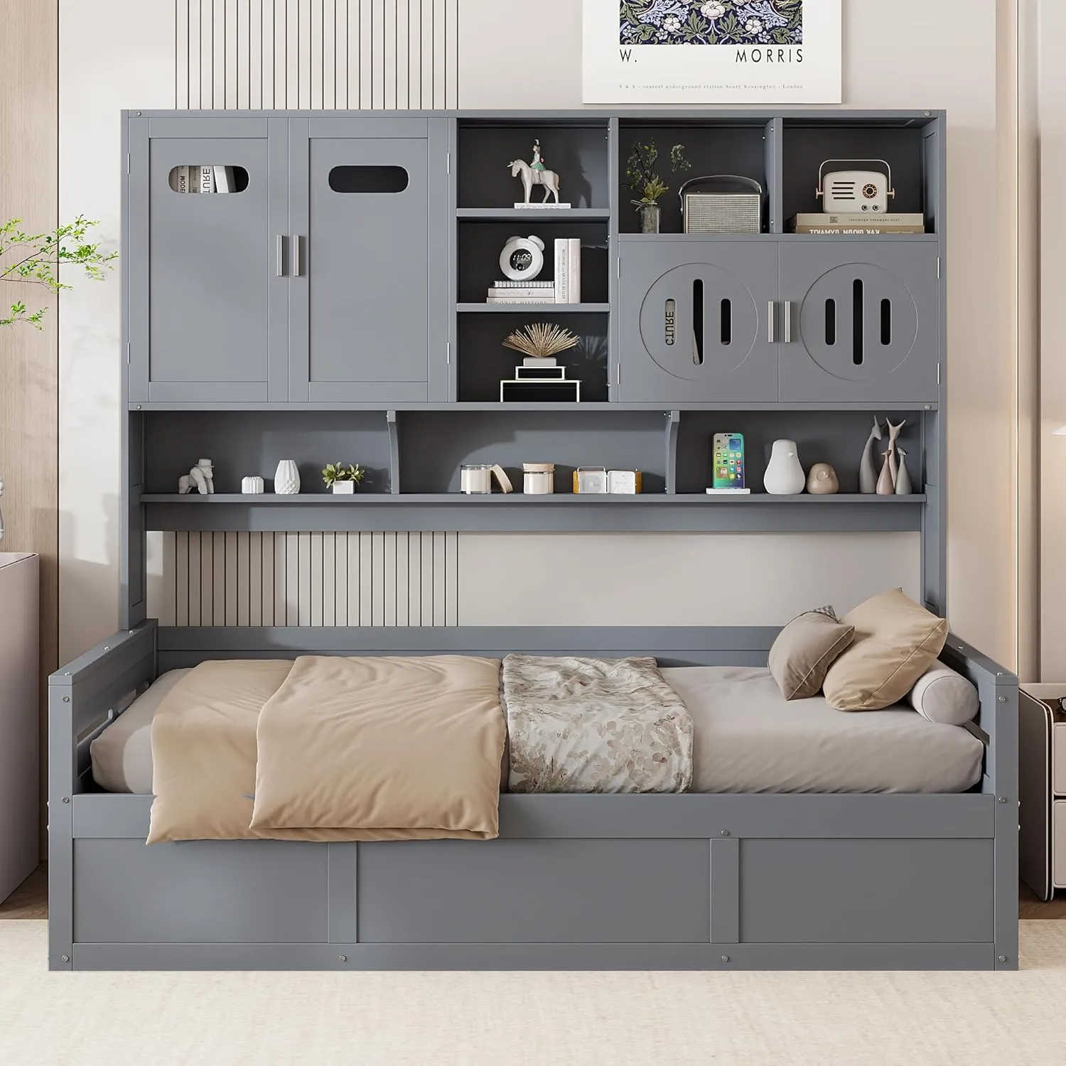 Merax Twin Size Daybed, Wooden Twin Daybed with Hydraulic Bed and All-in-One Cabinet and Shelf, Gray