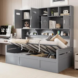 Merax Twin Size Daybed, Wooden Twin Daybed with Hydraulic Bed and All-in-One Cabinet and Shelf, Gray