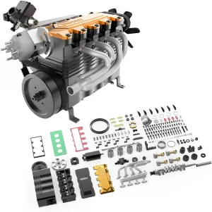 Metal Engine Model Kit, FS-L400BGC 14CC DIY Assembly L4 Four-Stroke Inline Four-Cylinder Gasoline Engine Model, Mechanical Science Education Kit Gift for Adult, Kit Version