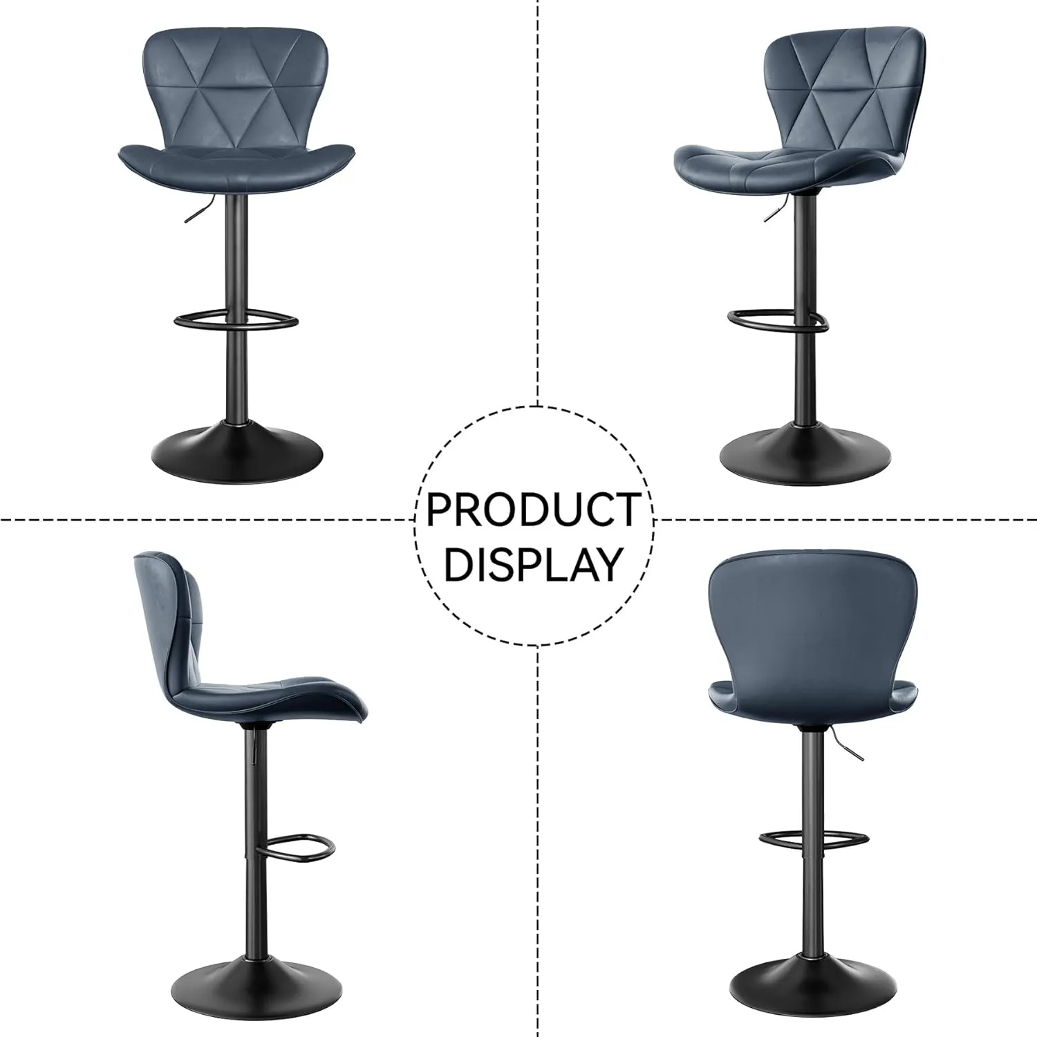 Modern Bar Stools Set of 2, Adjustable Faux Leather Upholstered Swivel Bar Stools, Counter Height Bar Chairs with Back for Kitchen Island, Dark Blue