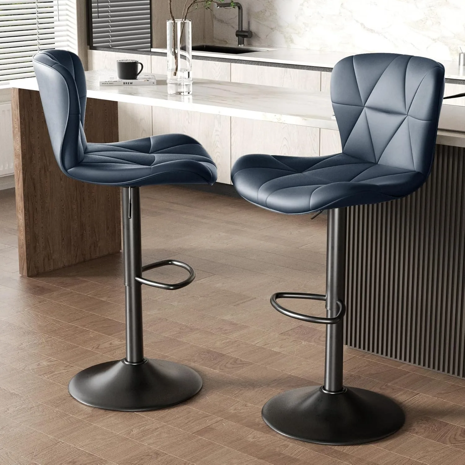 Modern Bar Stools Set of 2, Adjustable Faux Leather Upholstered Swivel Bar Stools, Counter Height Bar Chairs with Back for Kitchen Island, Dark Blue