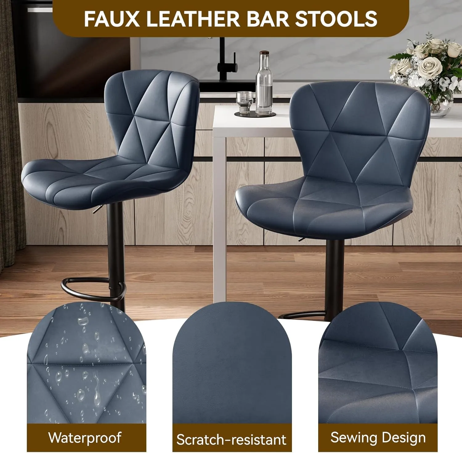 Modern Bar Stools Set of 2, Adjustable Faux Leather Upholstered Swivel Bar Stools, Counter Height Bar Chairs with Back for Kitchen Island, Dark Blue