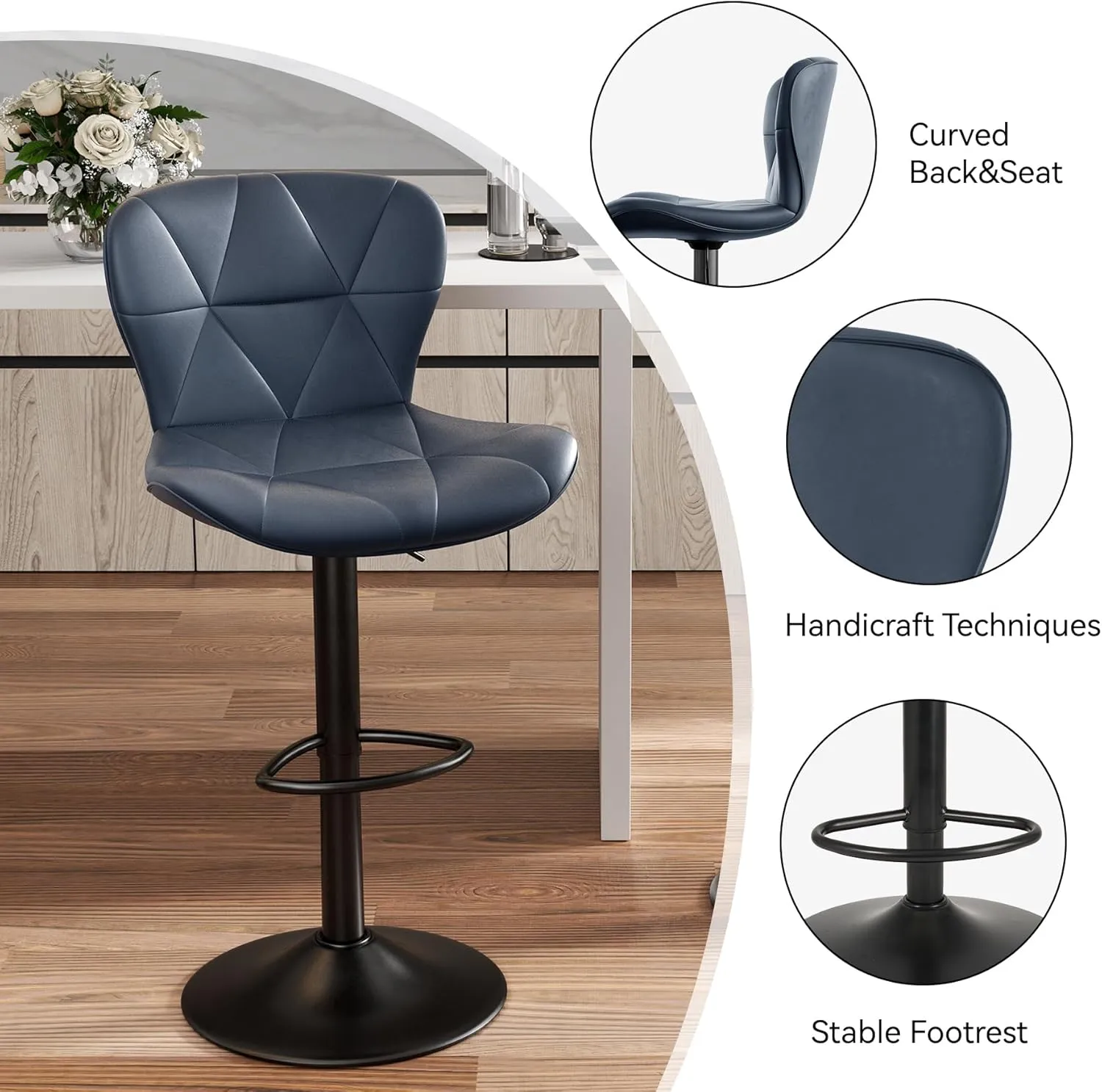 Modern Bar Stools Set of 2, Adjustable Faux Leather Upholstered Swivel Bar Stools, Counter Height Bar Chairs with Back for Kitchen Island, Dark Blue
