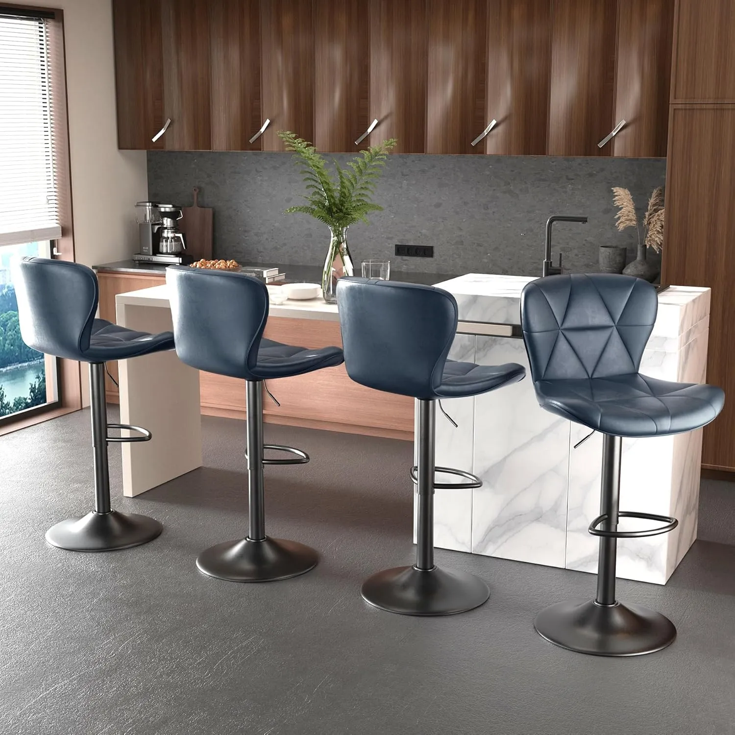 Modern Bar Stools Set of 2, Adjustable Faux Leather Upholstered Swivel Bar Stools, Counter Height Bar Chairs with Back for Kitchen Island, Dark Blue
