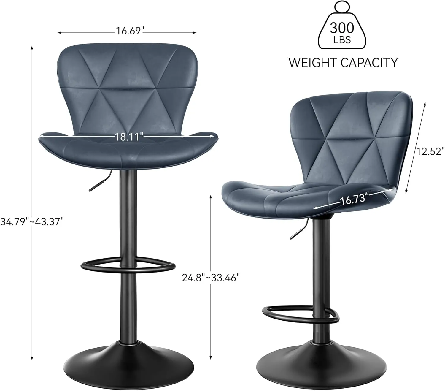 Modern Bar Stools Set of 2, Adjustable Faux Leather Upholstered Swivel Bar Stools, Counter Height Bar Chairs with Back for Kitchen Island, Dark Blue