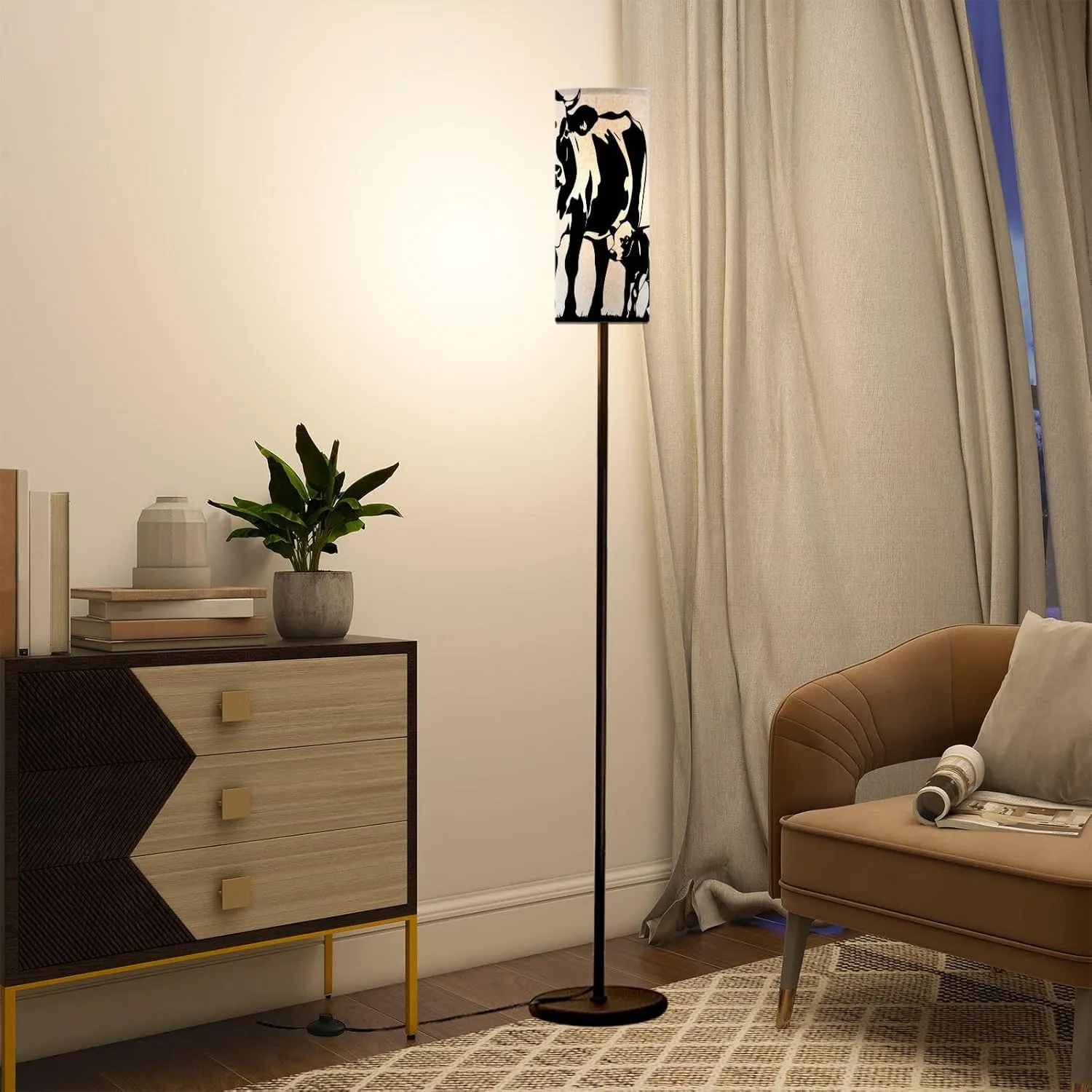 Modern Standing Lamps Cow calf Cow Scene clipart Farm scene Cows Animal farming Heifer Floor Lamp Metal Pole Lamp with Linen Lampshade for Bedroom Living Room Office Nursery Reading Foot Switch