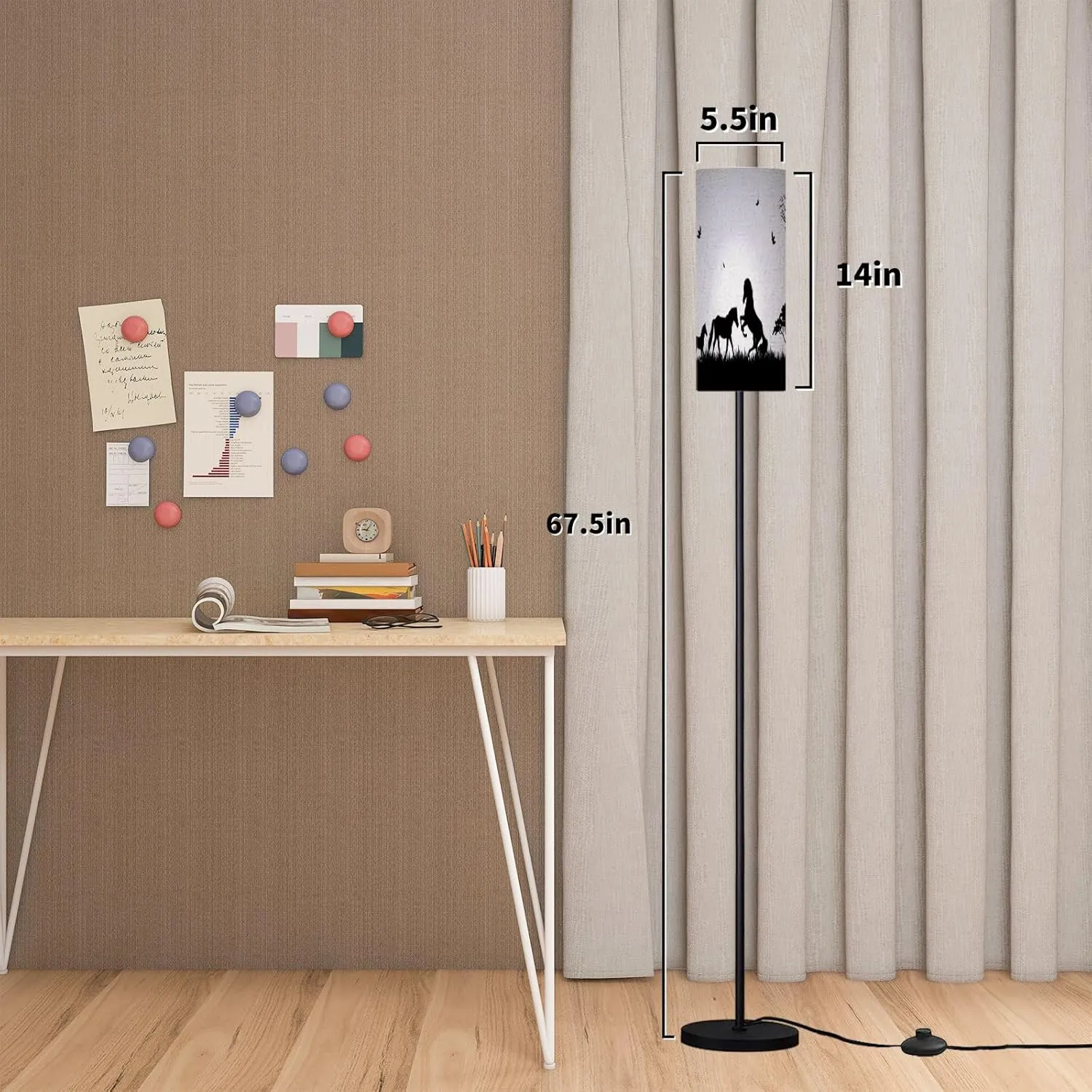 Modern Standing Lamps Silhouette Horses Trees Grass Forest View Landscape Floor Lamp Metal Pole Lamp with Linen Lampshade for Bedroom Living Room Office Nursery Reading Foot Switch