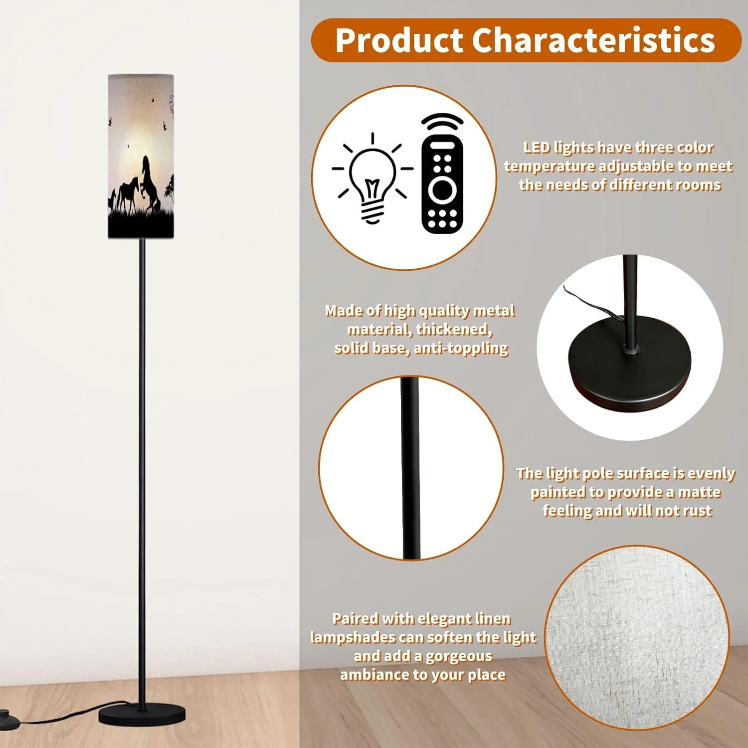 Modern Standing Lamps Silhouette Horses Trees Grass Forest View Landscape Floor Lamp Metal Pole Lamp with Linen Lampshade for Bedroom Living Room Office Nursery Reading Foot Switch