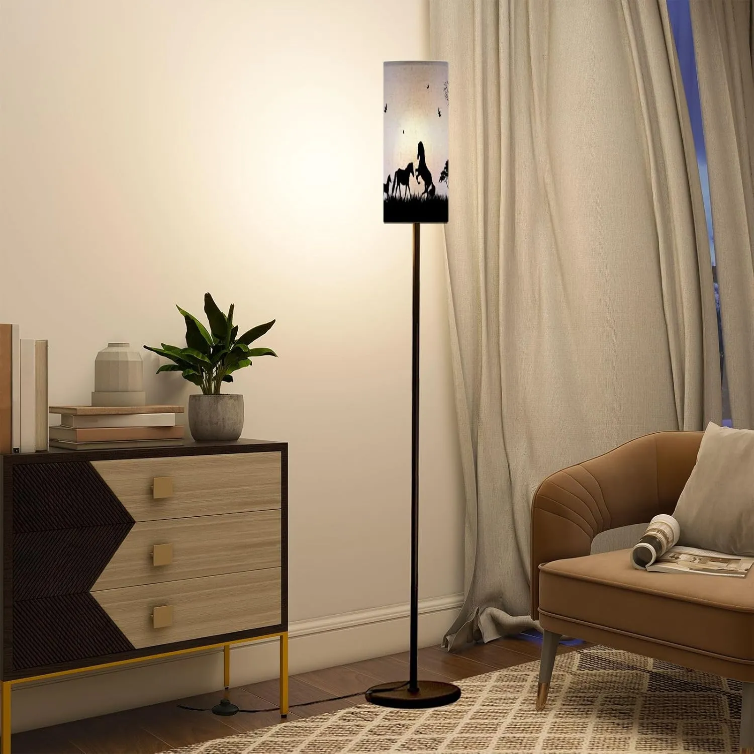 Modern Standing Lamps Silhouette Horses Trees Grass Forest View Landscape Floor Lamp Metal Pole Lamp with Linen Lampshade for Bedroom Living Room Office Nursery Reading Foot Switch