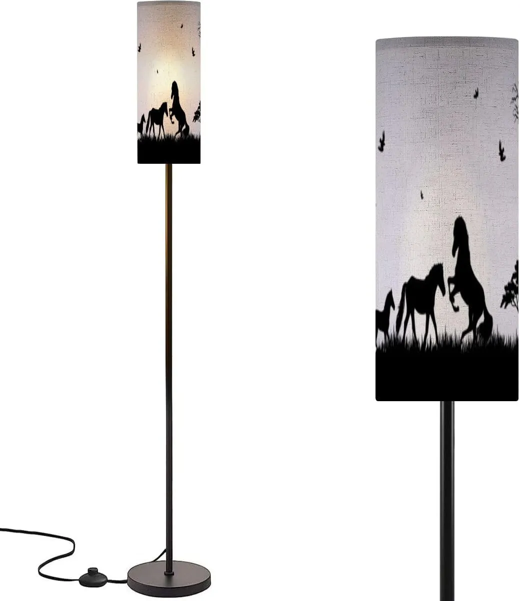 Modern Standing Lamps Silhouette Horses Trees Grass Forest View Landscape Floor Lamp Metal Pole Lamp with Linen Lampshade for Bedroom Living Room Office Nursery Reading Foot Switch