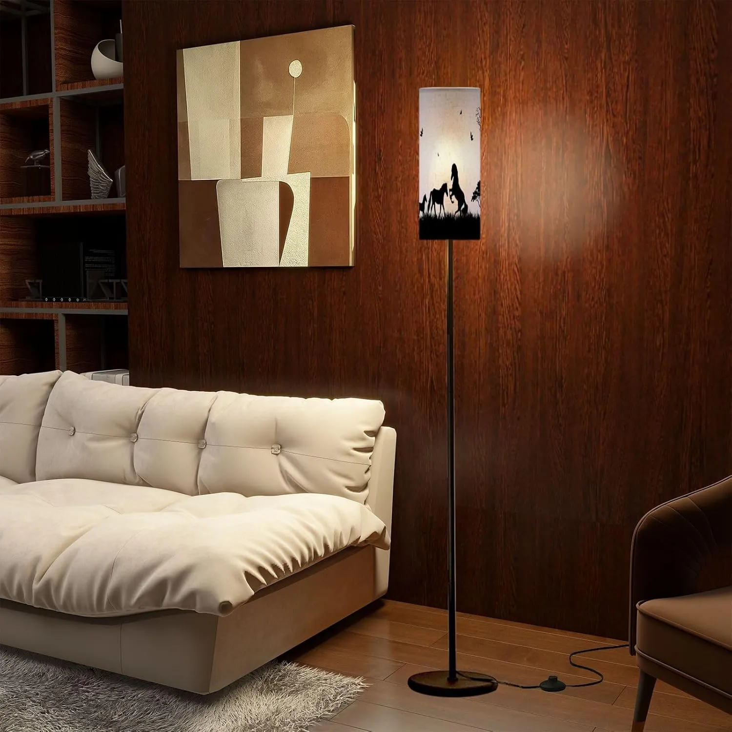 Modern Standing Lamps Silhouette Horses Trees Grass Forest View Landscape Floor Lamp Metal Pole Lamp with Linen Lampshade for Bedroom Living Room Office Nursery Reading Foot Switch