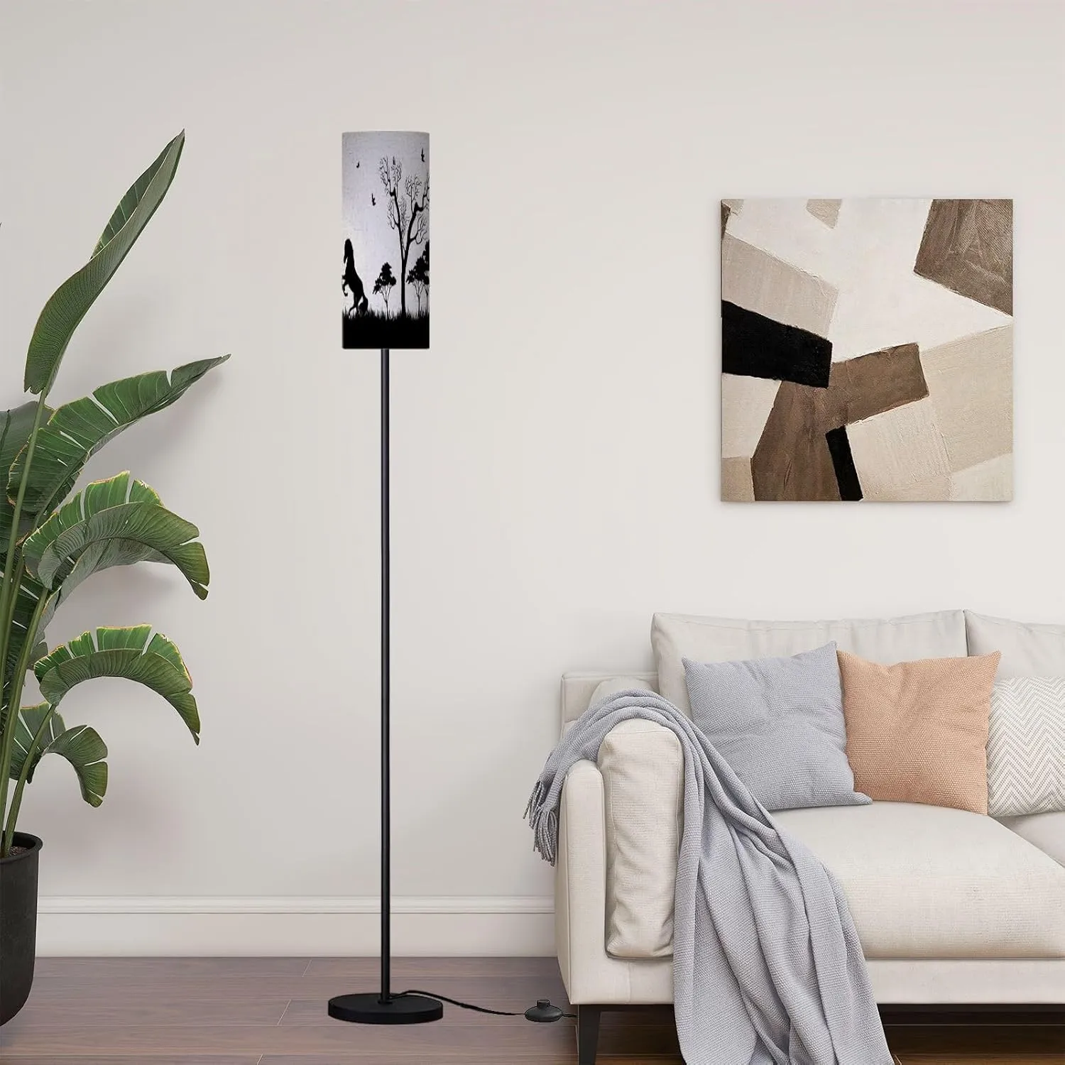 Modern Standing Lamps Silhouette Horses Trees Grass Forest View Landscape Floor Lamp Metal Pole Lamp with Linen Lampshade for Bedroom Living Room Office Nursery Reading Foot Switch