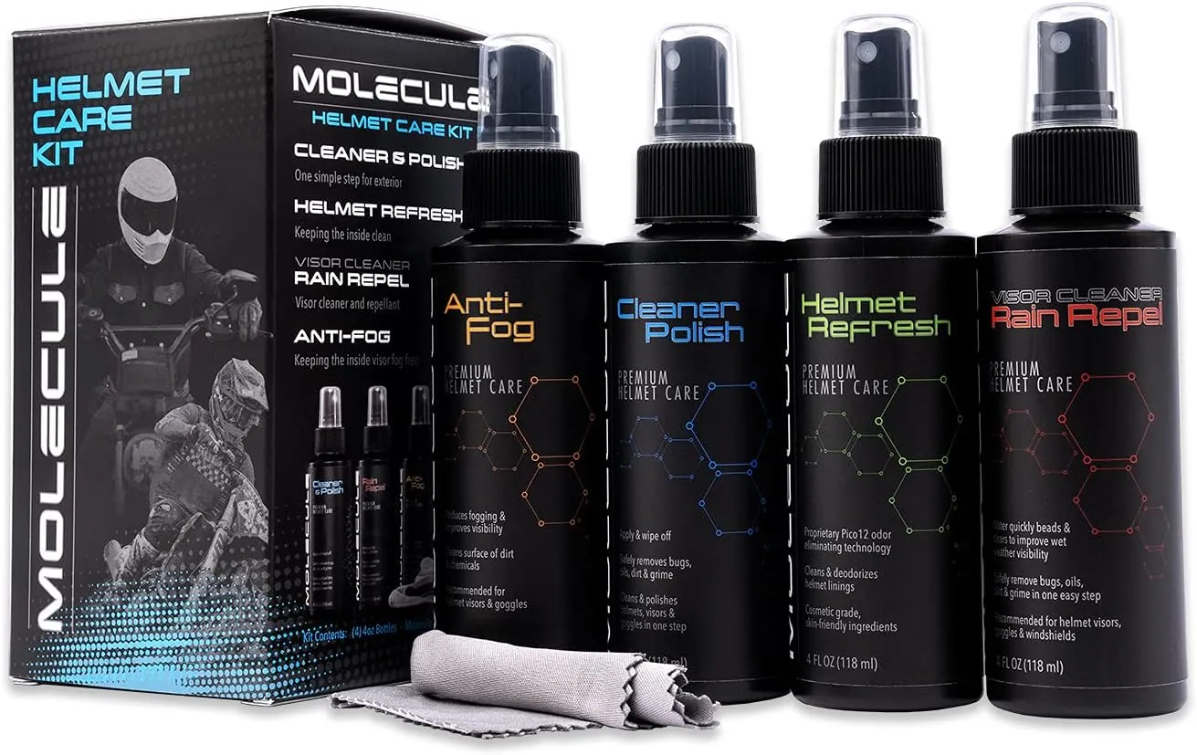 Molecule Helmet Care Kit, Anti-Fog, Cleaner Polish, Refresh, and Rain Repel, Premium Helmet Care, Helmets, Visors, and Goggles, Cleans and Details, 4 Ounces (1 Kit)