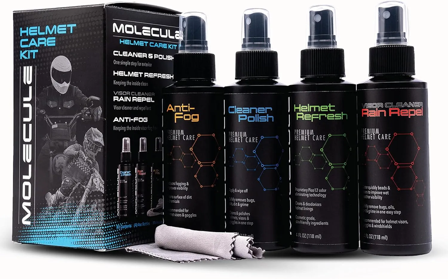 Molecule Premium Helmet Care Kit, Includes Anti-Fog, Cleaner Polish, Helmet Refresh, and Rain Repel, For Helmets, Visors, and Goggles, Cleans and Details, 4 Ounces (1 Kit)