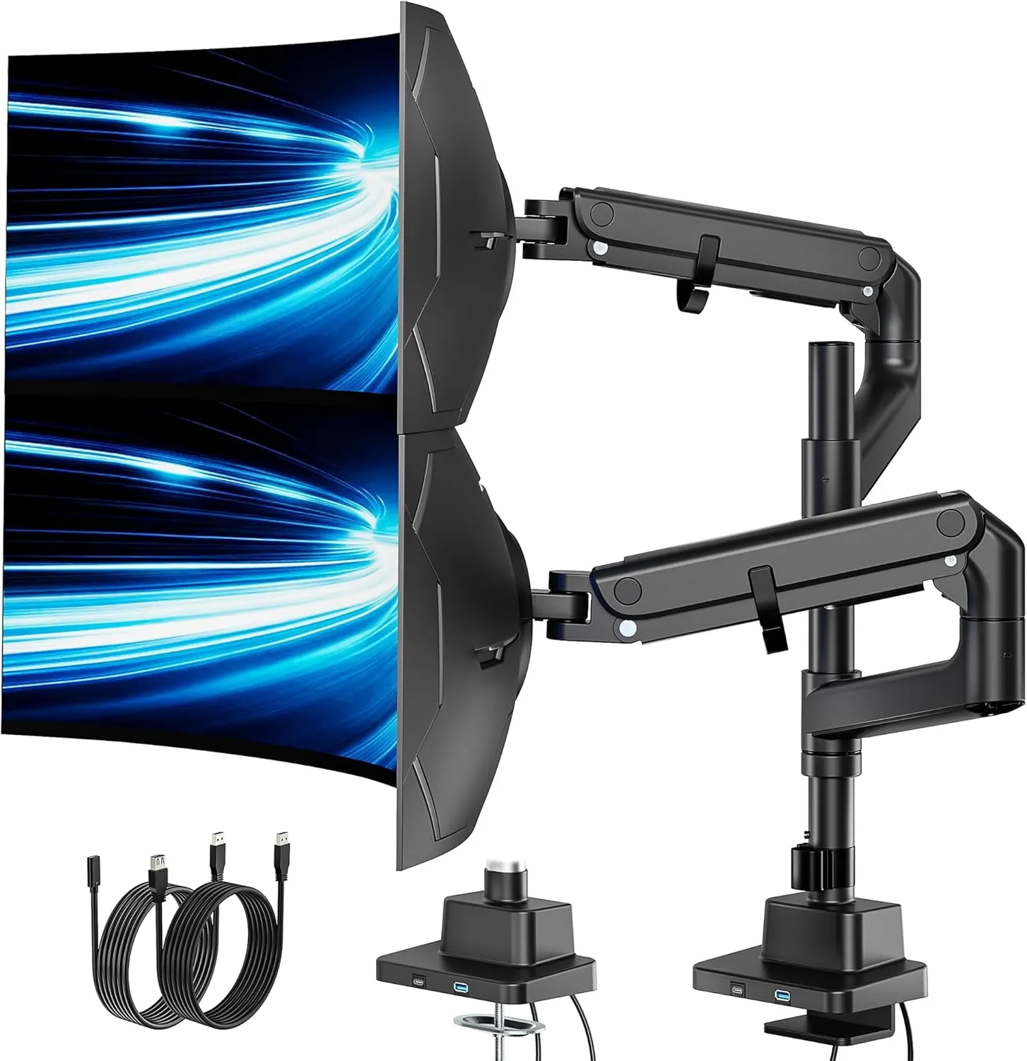monTEK 17-57 Inch Dual Ultrawide Monitor Arm for Up to 59.4lbs Screen, Aluminum Heavy-Duty Gas Spring Vertical Stackable Curved Screen Adjustable Monitor Stand,75/100mm Vesa Mount, Black